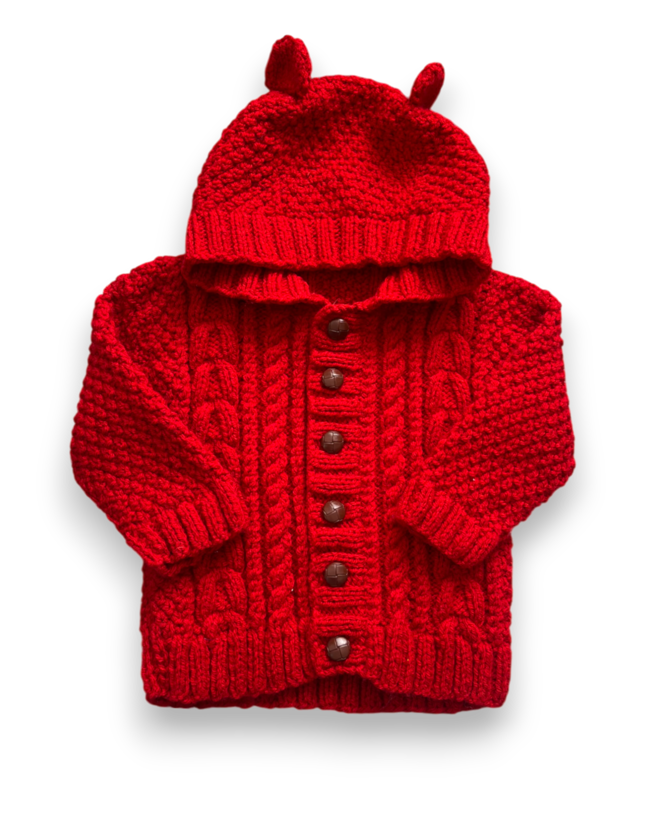 Personalised Hooded red Aran hand knitted cardigan 12-18 months