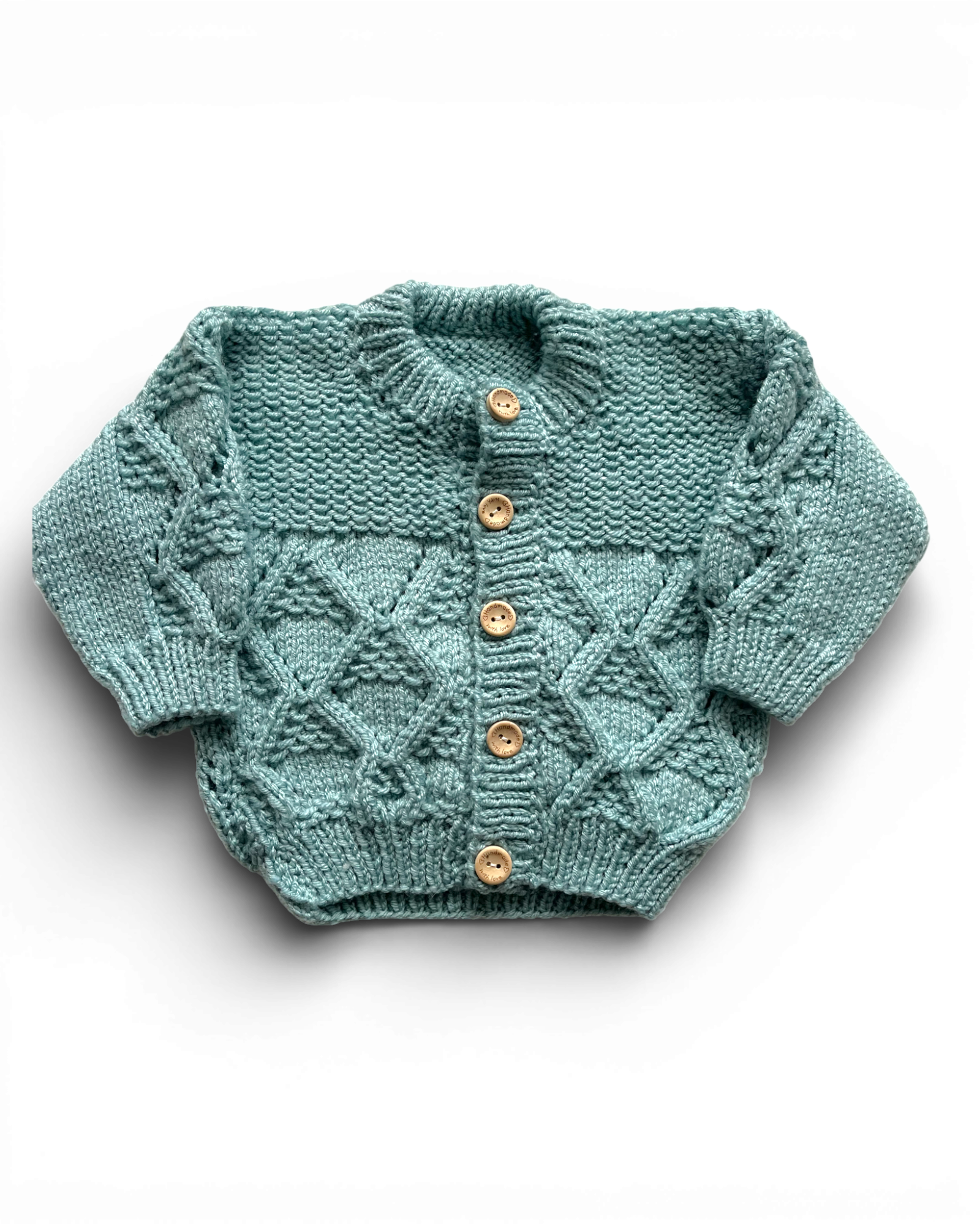 Personalised green hand knitted cardigan  3-6 months (