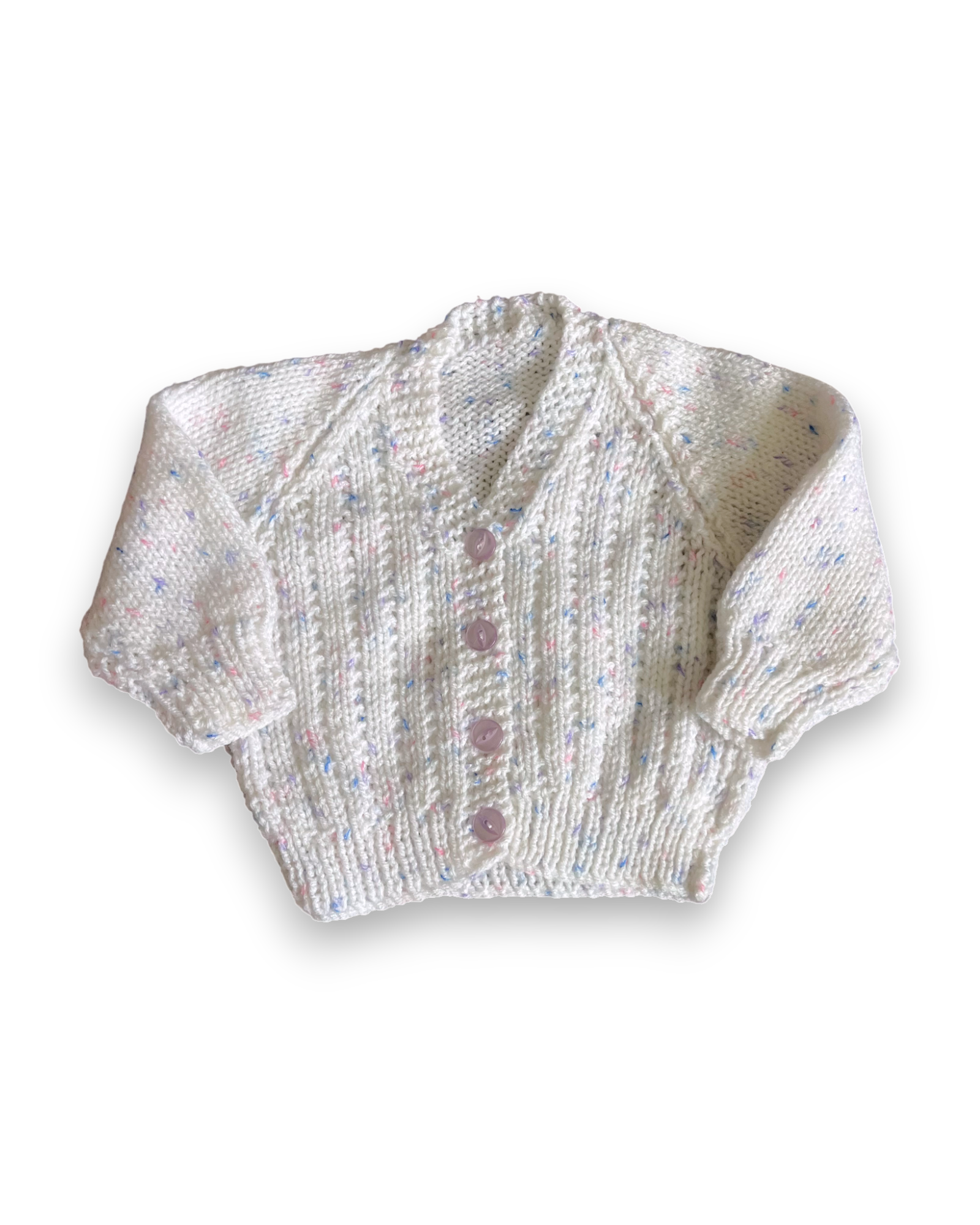 Personalised white speck hand knitted cardigan 0-3