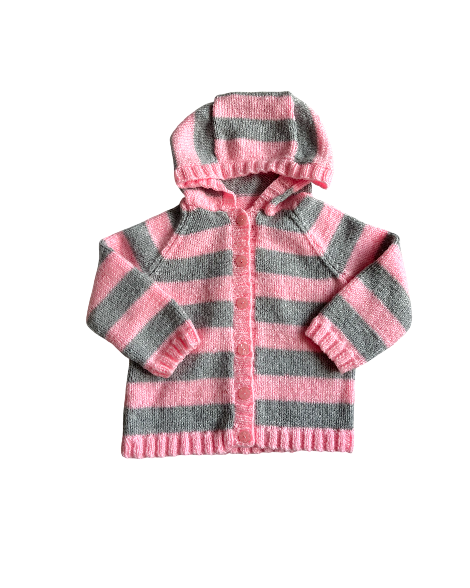 Personalised Hooded Pink & grey stripe hand knitted cardigan 1-2 years