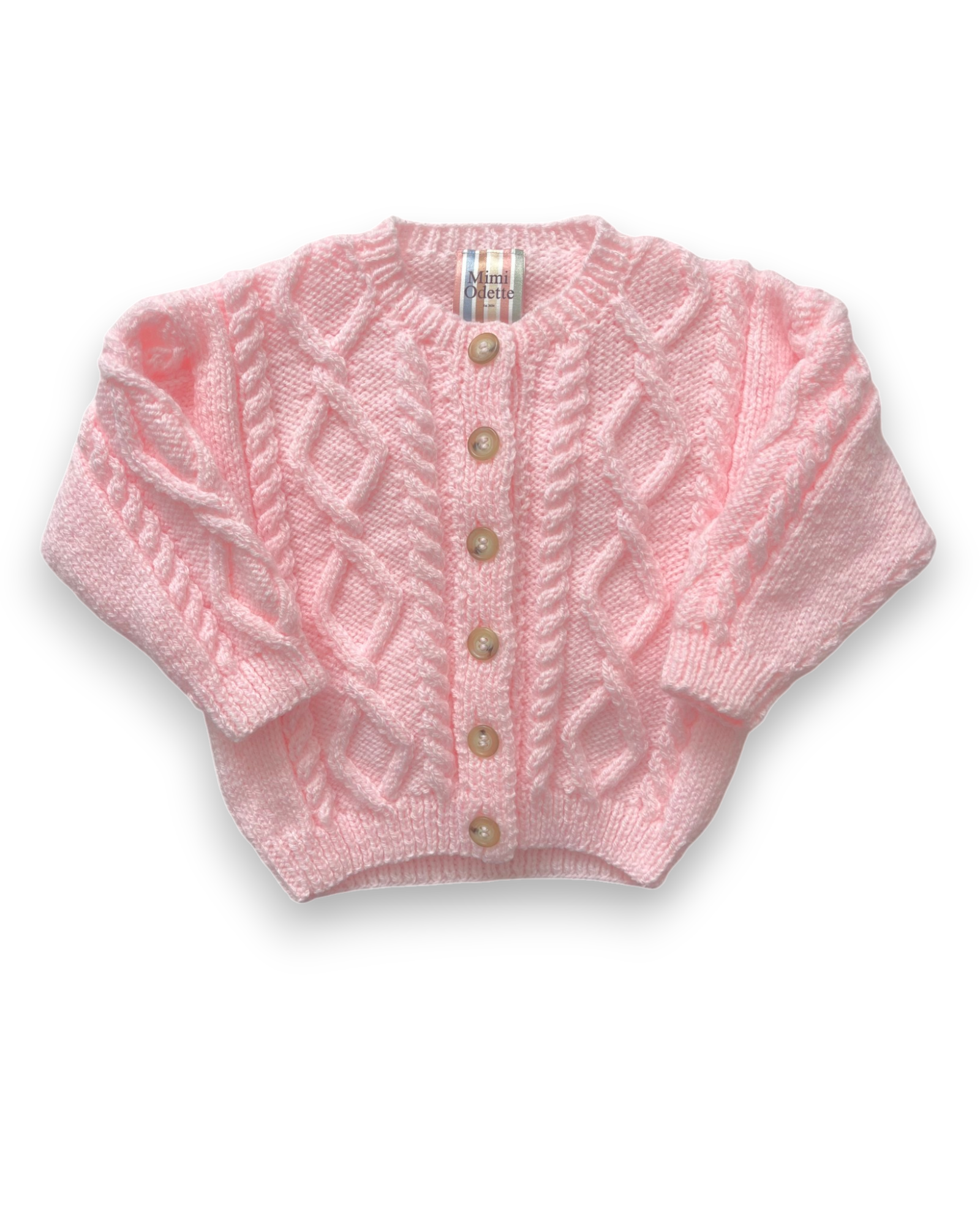 Personalised Pink Aran hand knitted cardigan 1-2 years