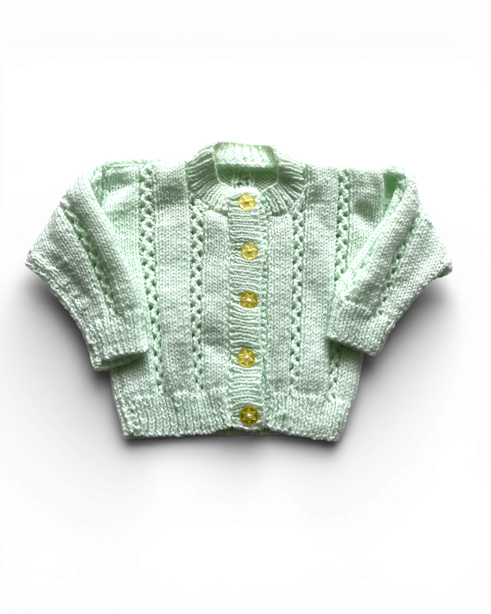 Personalised green hand knitted cardigan  3-6 months