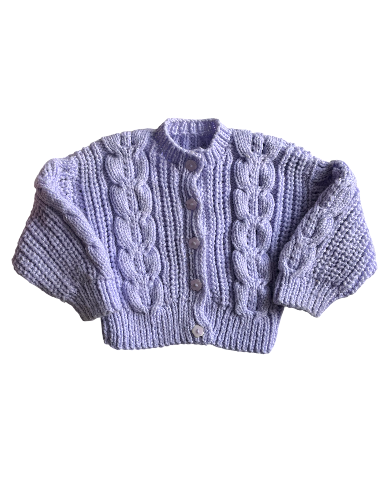 Personalised Lilac Aran hand knitted cardigan 2-3 Years