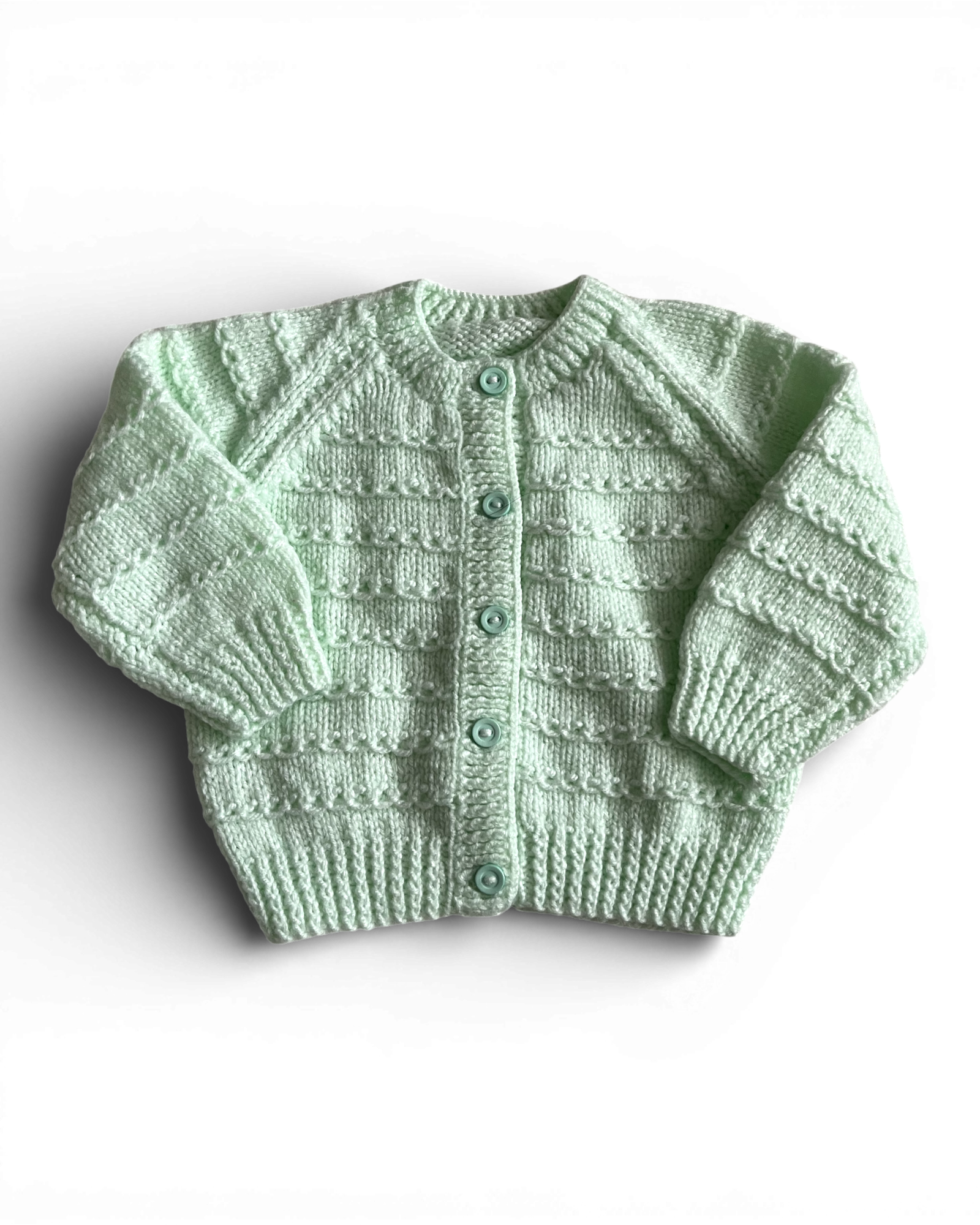 Personalised Green hand knitted cardigan 0-3 months