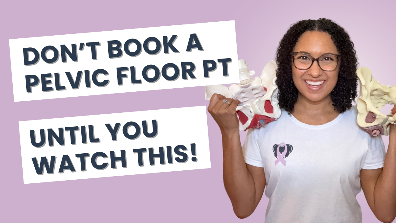Dr Alex Hill, PT, DPT holding pelvis models with a lavender background and text "don't book a pelvic floor PT until you watch this!"