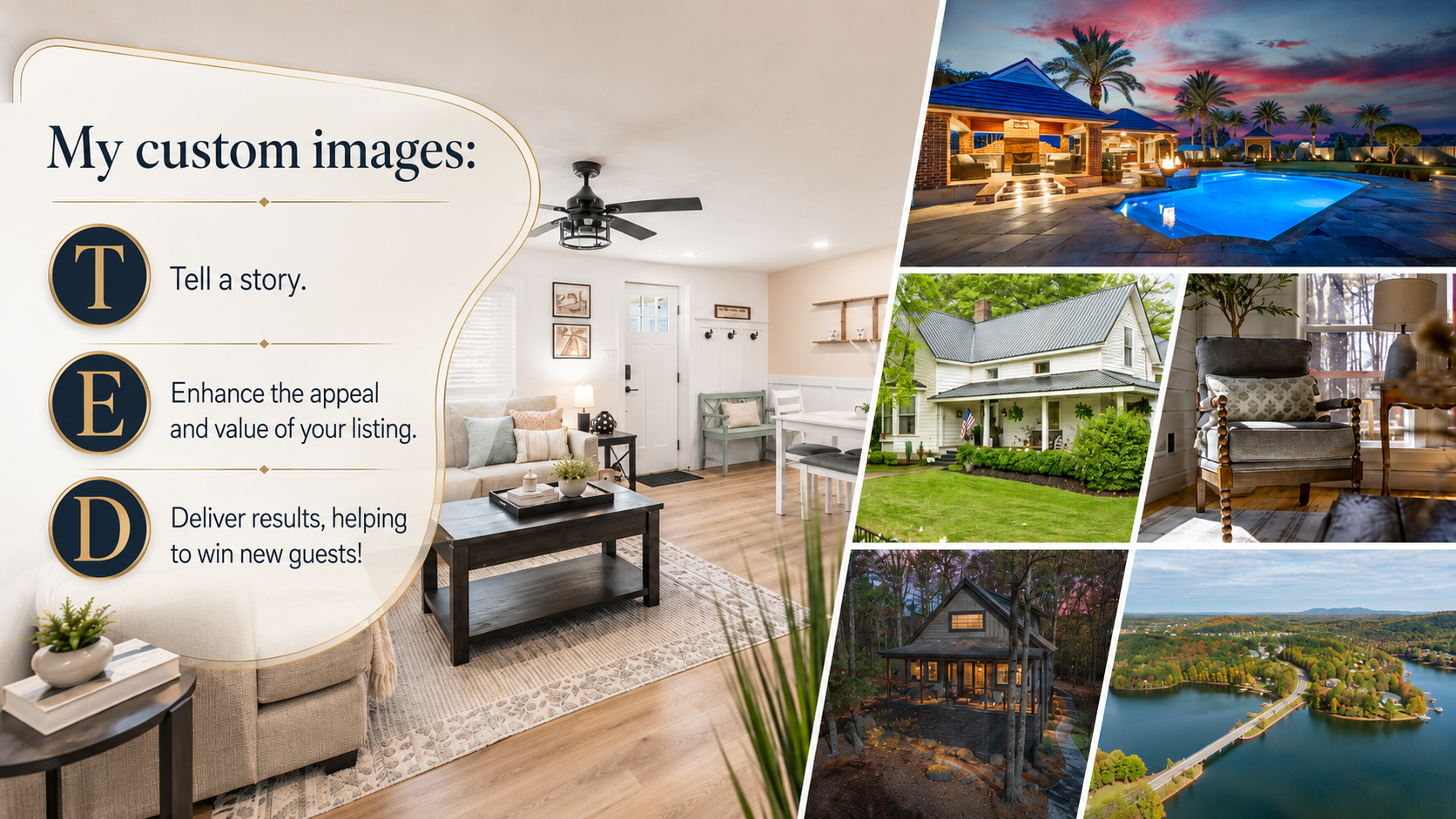 Custom Airbnb and short-term rental photography collage featuring a bright living room, luxury pool at sunset, farmhouse exterior, cozy interior details, wooded cabin, and aerial lake view.