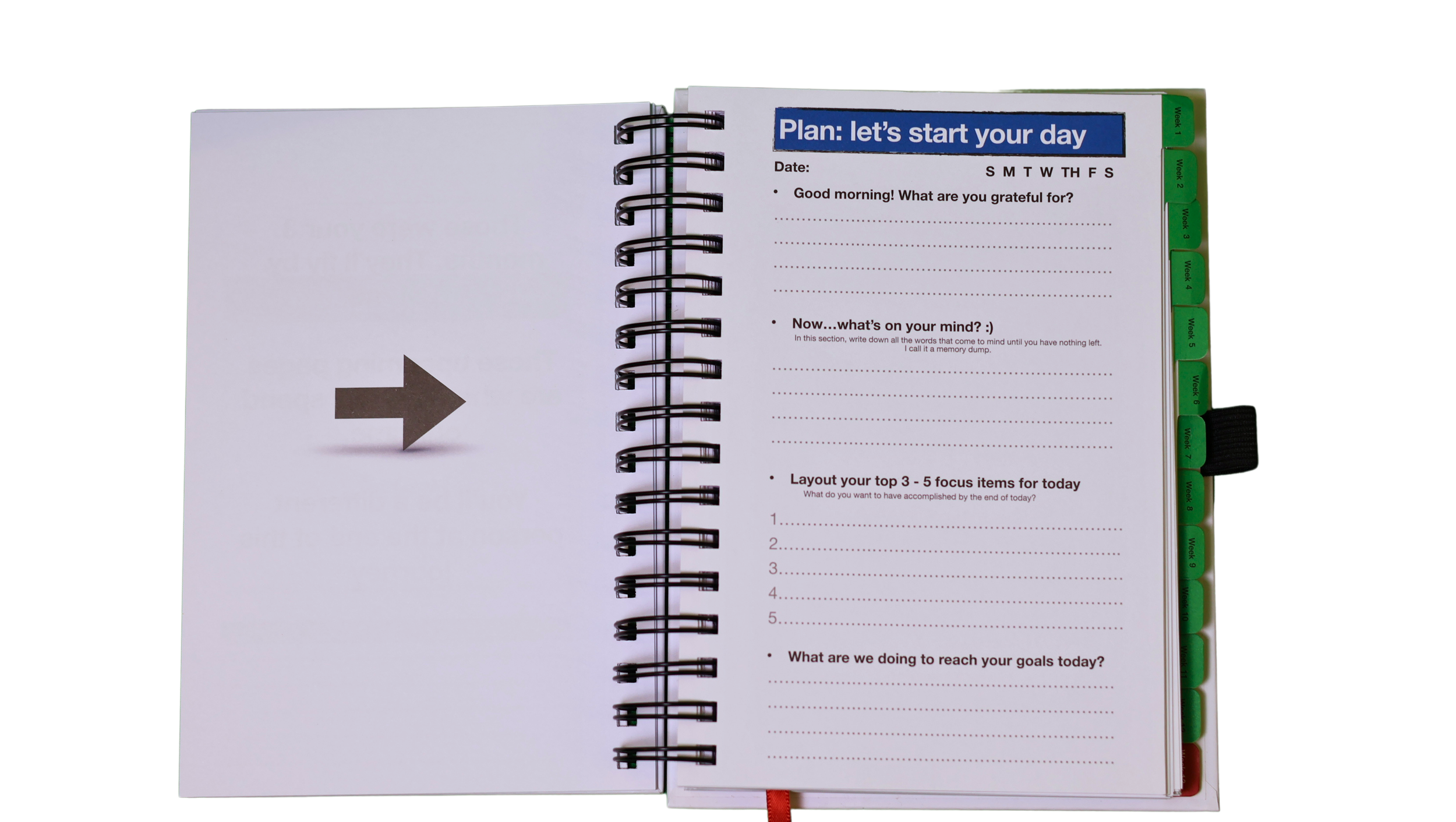 Open spiral-bound planner open to a daily plan page with sections for gratitude, thoughts, focus items, and goals, with tab dividers on the right labeled by week and day.