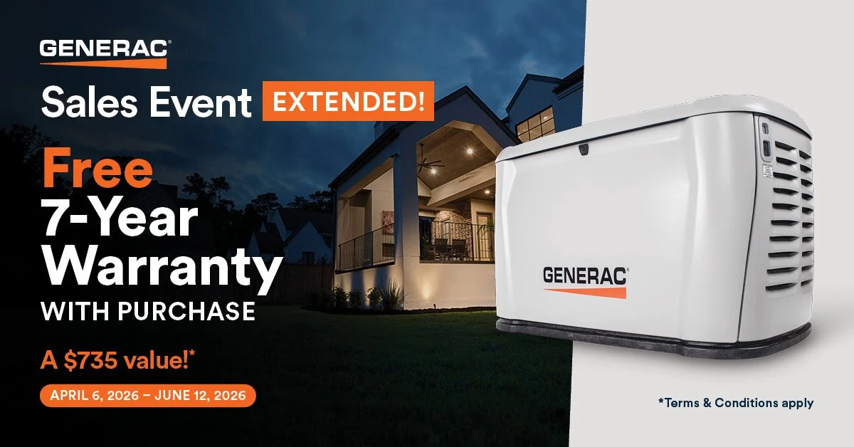 Advertisement for Generac sales event extended from April 6 to June 12, 2026, offering a free 7-year warranty with purchase, valued at $735, featuring a Generac generator, with a house shown in the background.