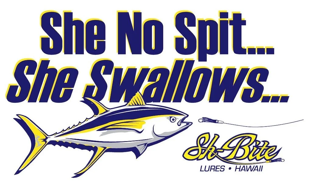 Logo for she No Spit, she Swallows, a lures company in Hawaii, featuring a stylized fish and the text 'She No Spit... She Swallows...'.