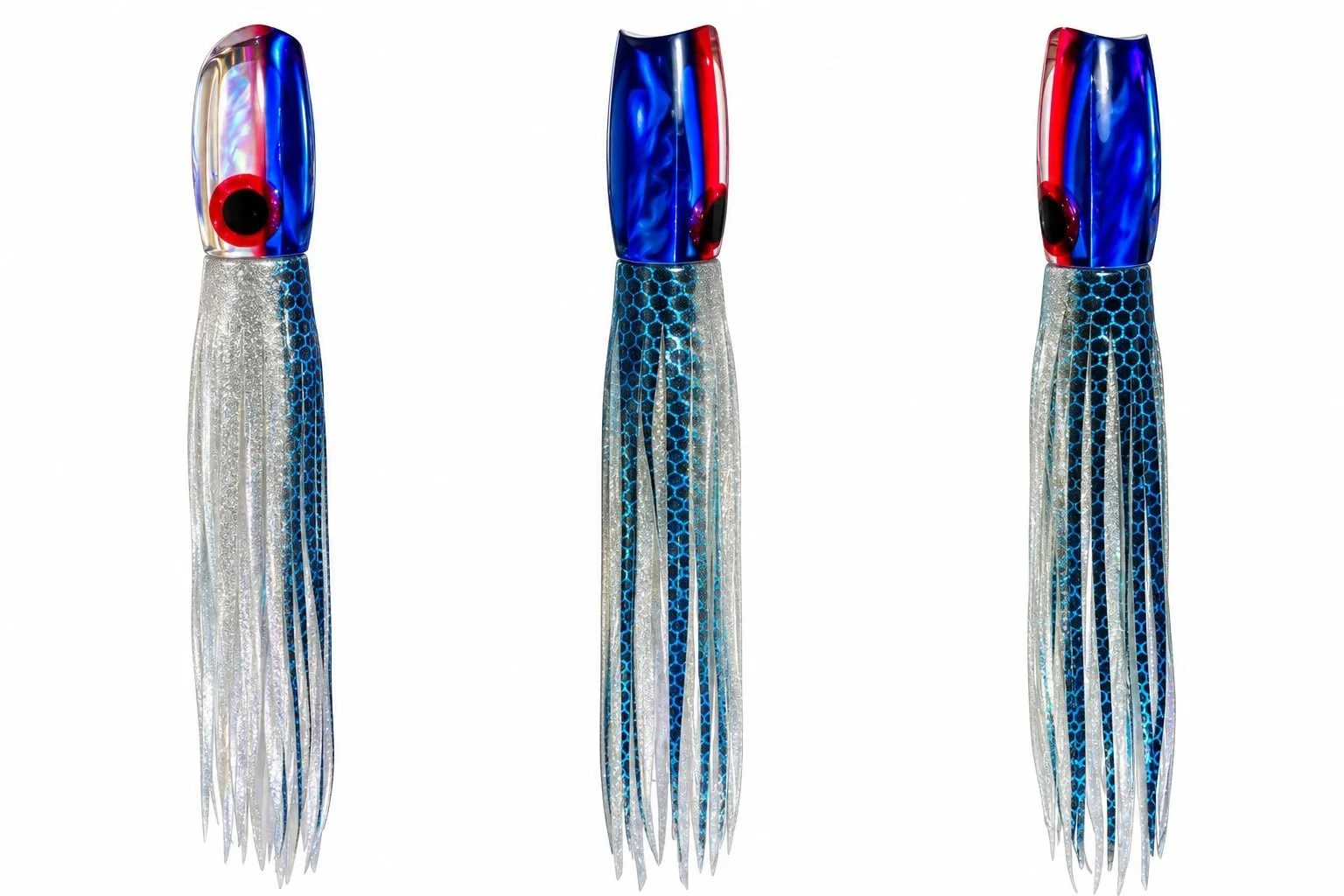 Size 702 blue and silver marlin trolling lure skirts, MOM 149 and 465, for Caribbean offshore fishing and worldwide shipping.