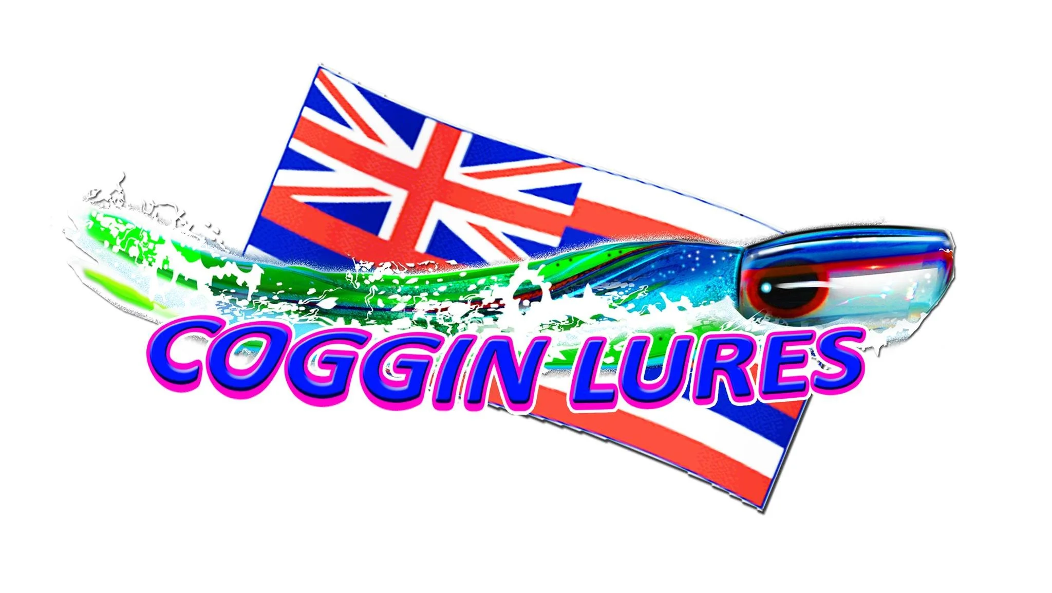 Brightly colored logo featuring a boat with a British flag and the words 'COGGIN LURES' in pink and purple text.