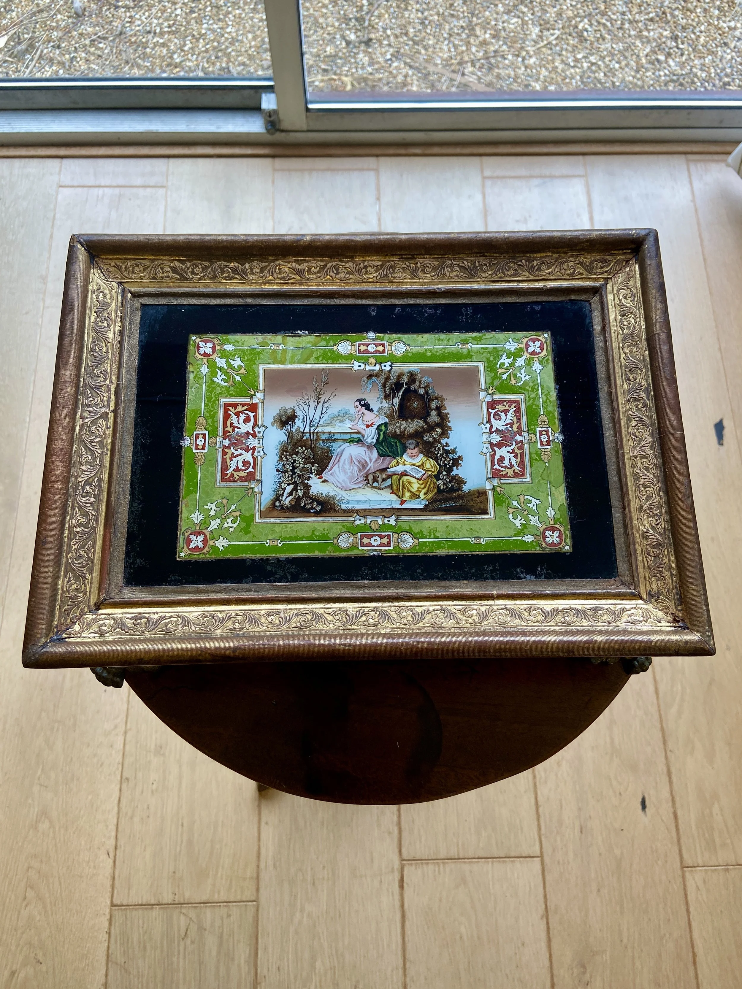 19th century Continental papier mache painted glass panel box