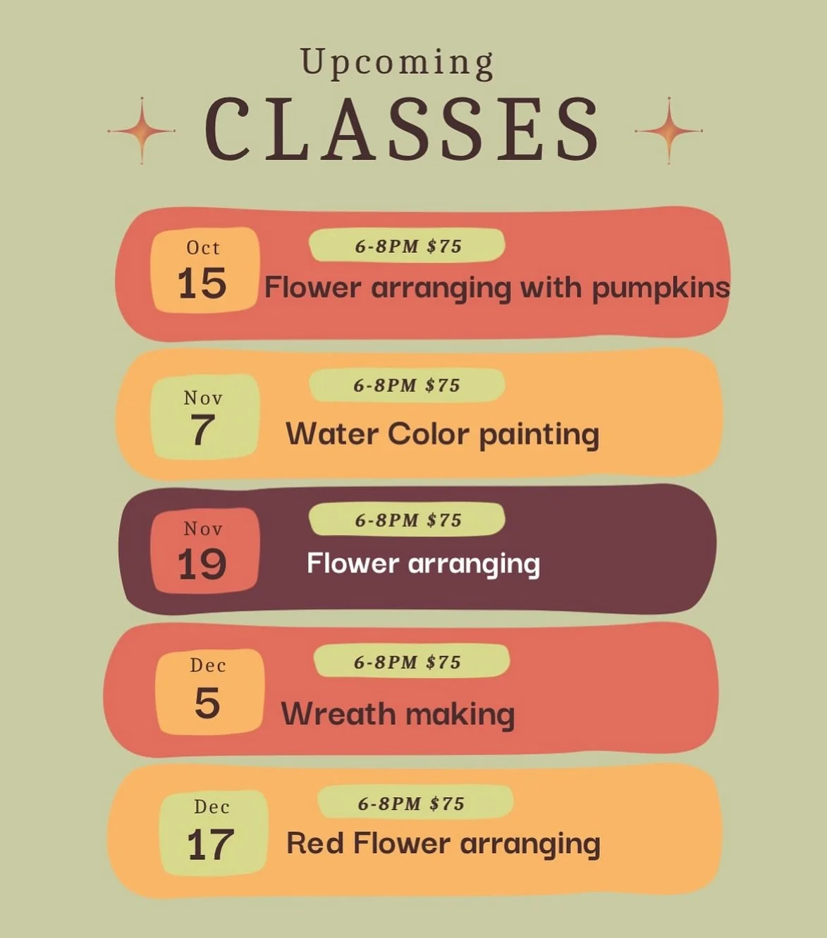 The fall 🍁 classes have dropped! 

Remember, book early because each class only has 8 spots. We like to keep it intimate. 🍂 

www.flowerbells.shop/calendar