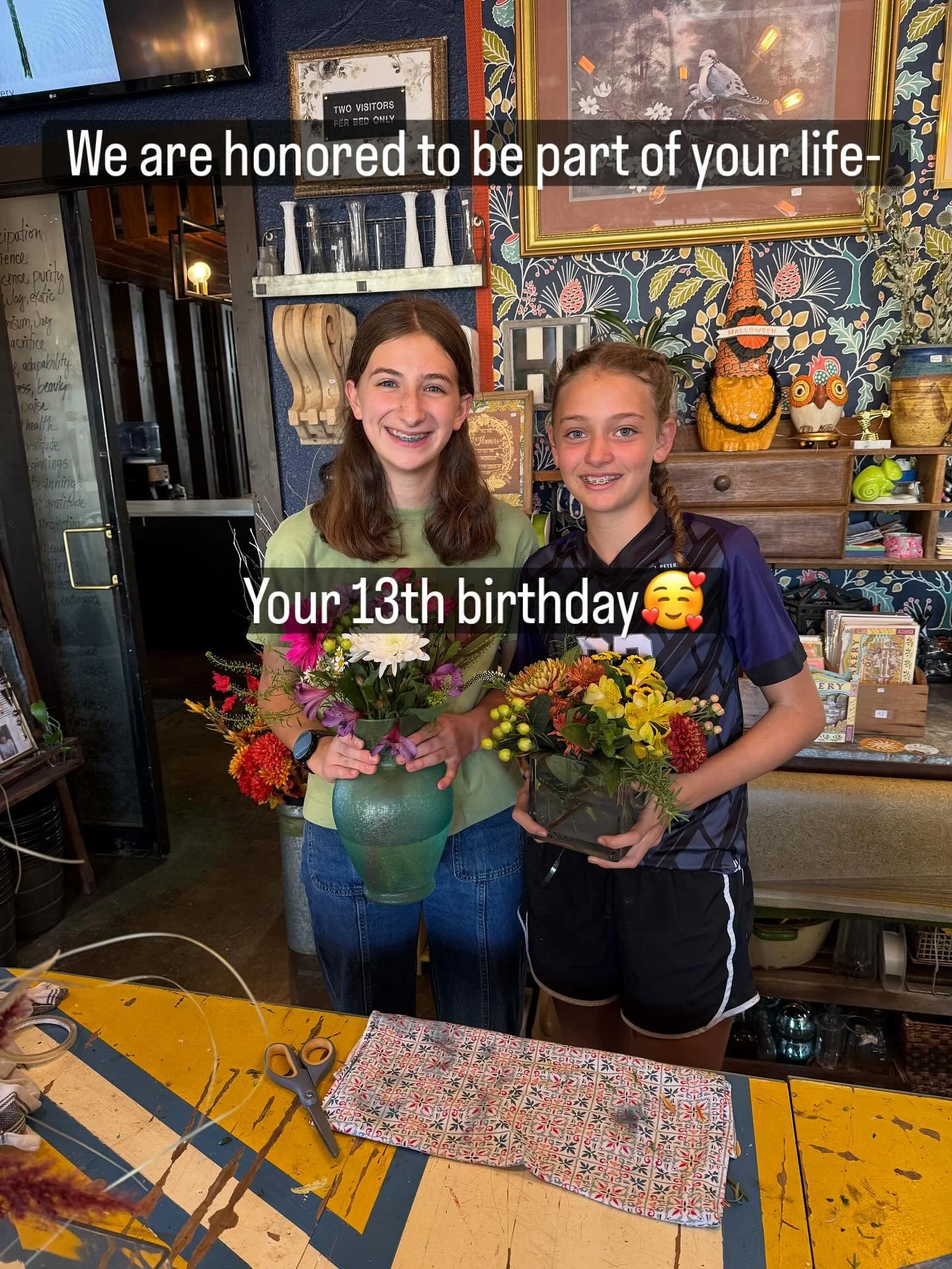 One of the best parts of owning this flower shop- sharing joyful life experiences with our customers.  These girls designed these themselves!
