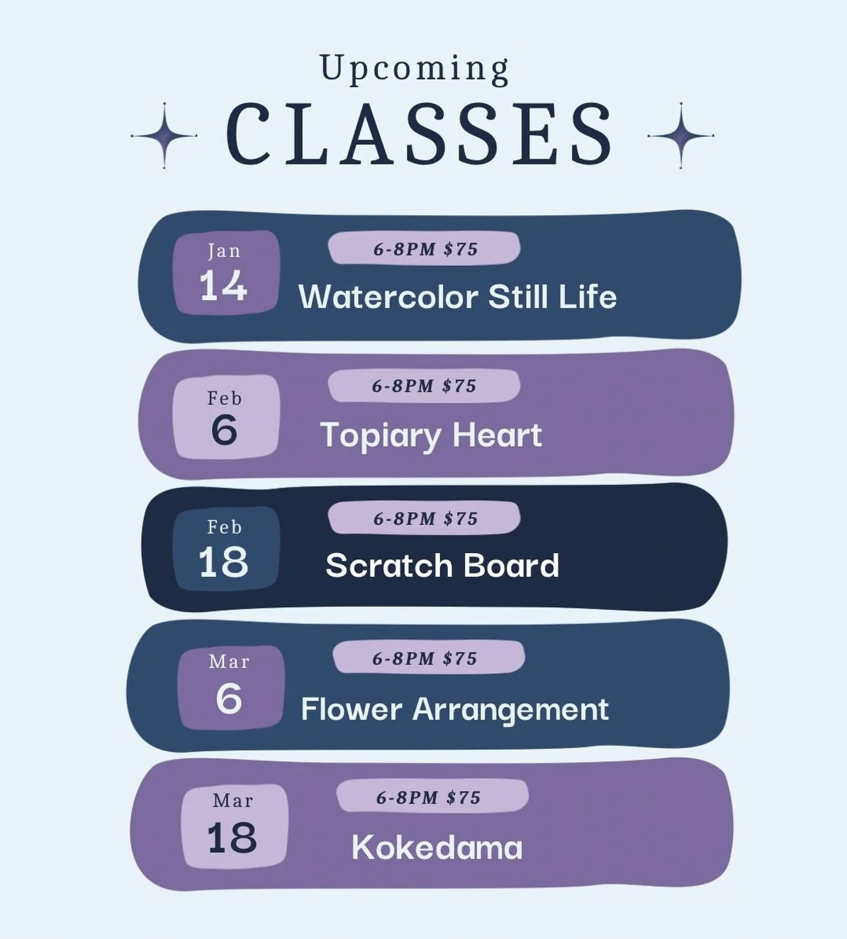 The winter classes have dropped! 

Remember, book early because each class only has 8 spots. We like to keep it intimate. ❄️ 

www.flowerbells.shop/calendar