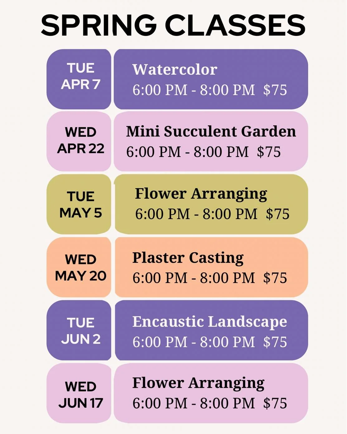 The spring classes have dropped! 

Remember, book early because each class only has 8 spots. We like to keep it intimate. 🌷 

www.flowerbells.shop/calendar