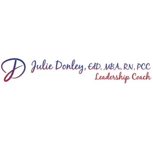 Business card with the name Julie Donley, credentials EDD, MBA, RN, PCC, and the title Leadership Coach, with a stylized purple and red signature logo on a white background.