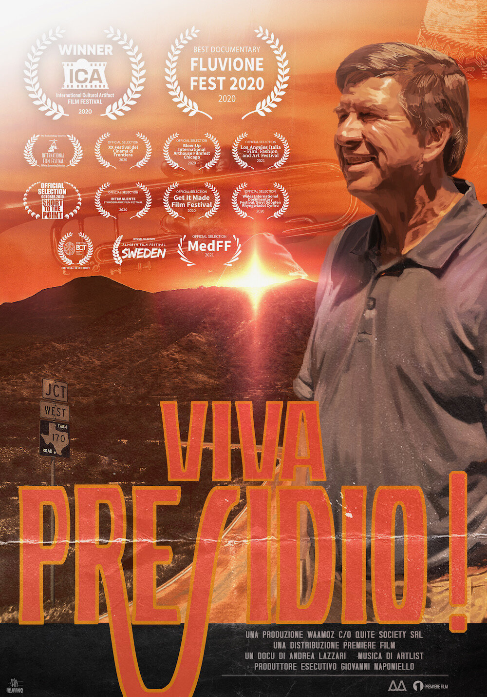 Locandina di un film con numerosi riconoscimenti. Sullo sfondo si vede un tramonto su un paesaggio montano, con la scritta ''Viva Precioli!'' in grande evidenza. Un uomo sorridente si staglia sul lato destro della locandina, indossa una camicia a maniche corte. La locandina contiene dettagli di produzione e premi vinti dal film.