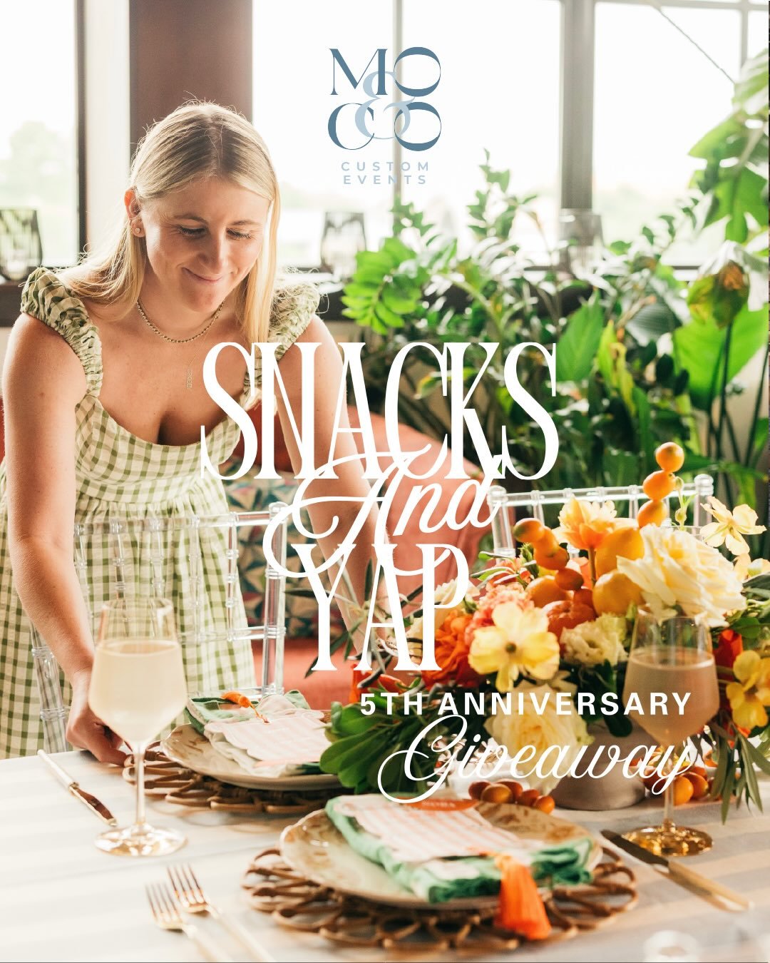 To celebrate five years of MO&amp;CO, we&rsquo;re gifting one lucky follower everything needed to host the ultimate summer Snacks &amp; Yap Happy Hour at their home for up to 12 guests&mdash;because as the saying goes, it&rsquo;s ✨5✨ o&rsquo;clock so