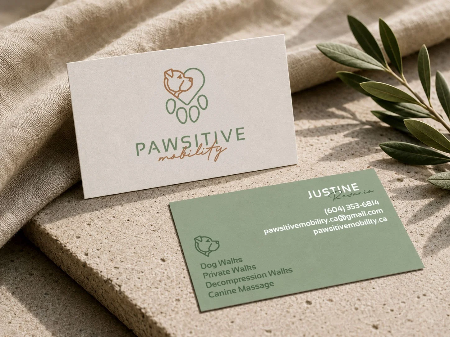 logo and business card design by lucied studio in vancouver for dog massage services