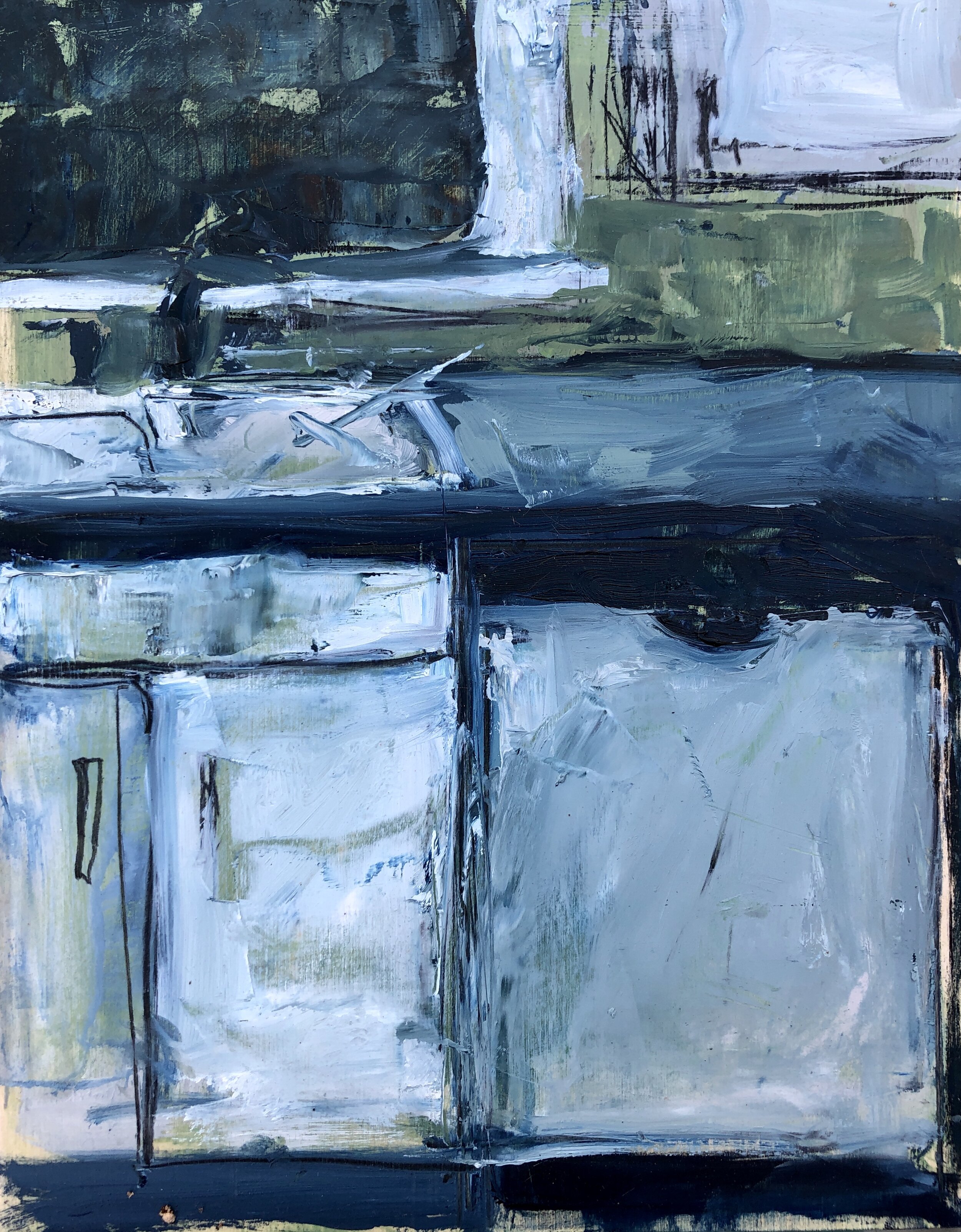 Cate West Zahl, Dishwasher, at Night, oil and charcoal on wood panel, 14 x 10 inches.