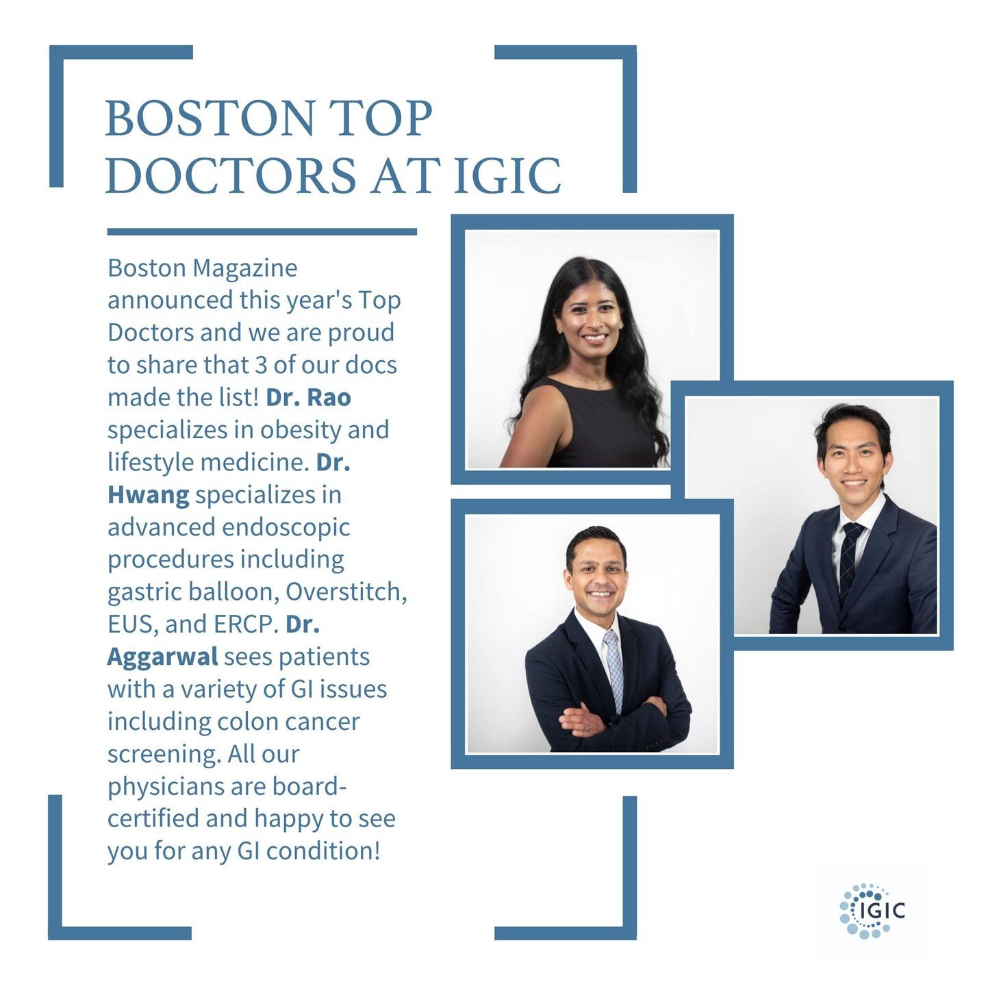 📣 @bostonmagazine announced this year's #TopDoctors and we are proud to share that 3 of our docs made the list!⁠
⁠
🌿 Dr. Rao @gutsygirlmd specializes in obesity and lifestyle medicine.⁠
🏥 Dr. Hwang specializes in advanced endoscopic procedures inc