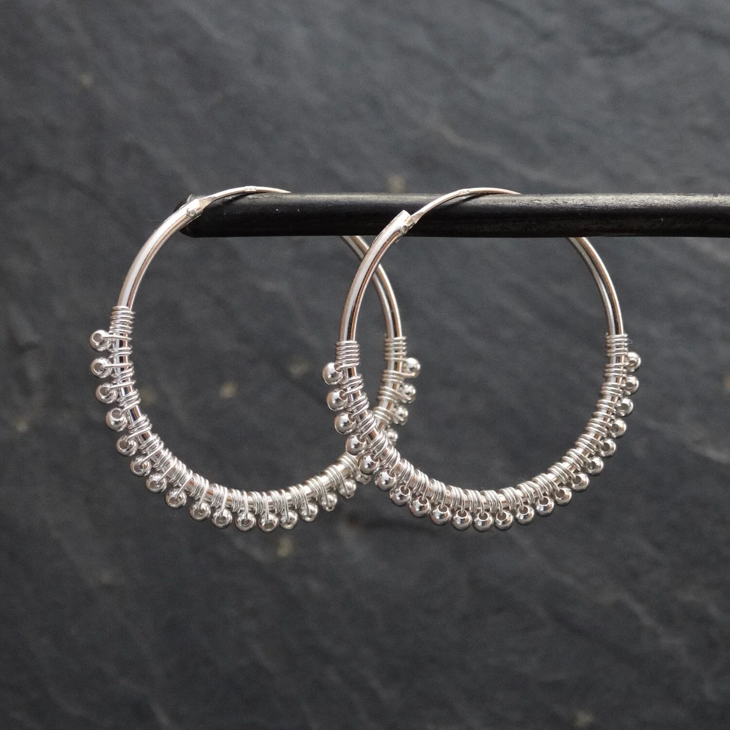 Silver Boho Beaded Hoop Earrings