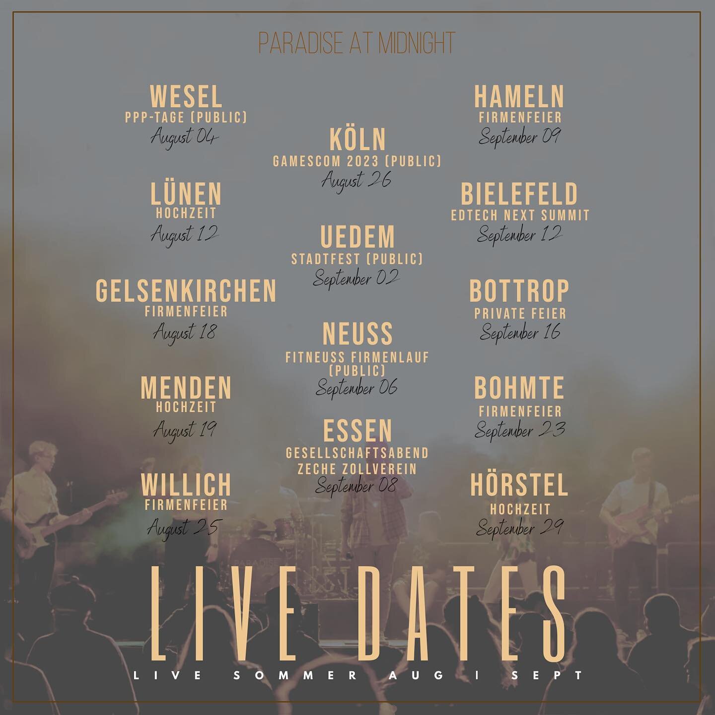 Hier sind sie: Unsere LIVE DATES in den n&auml;chsten 2 Monaten ✨

04.08.: Stadtfest in Wesel @weselmarketing, zusammen mit DJ @jadox_official

12.08.: Hochzeit in L&uuml;nen 

18.08.: Firmenfeier der Stadtwerke Gelsenkirchen in der Zoom Erlebniswelt