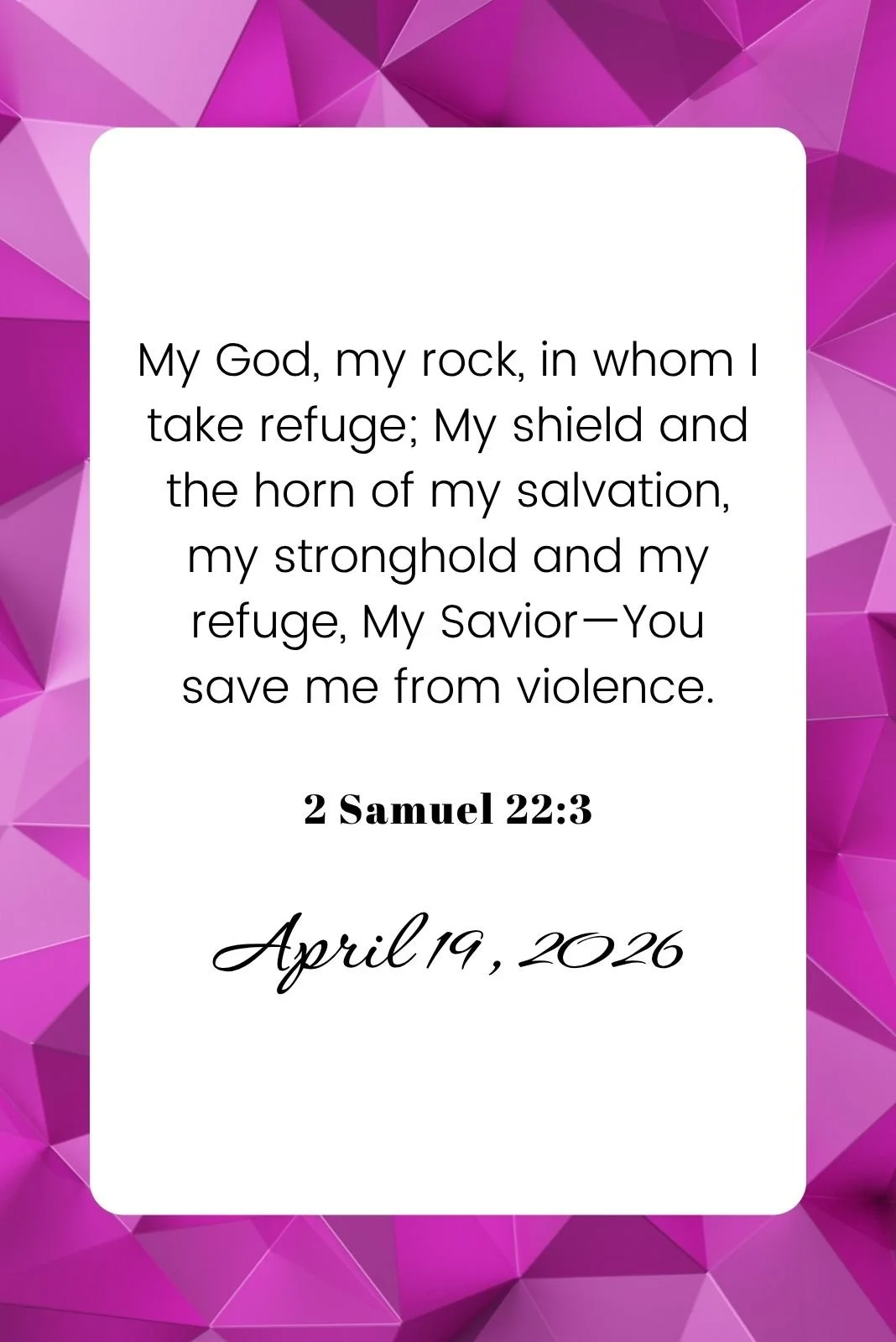 White card with Bible verse text on pink and purple geometric background.