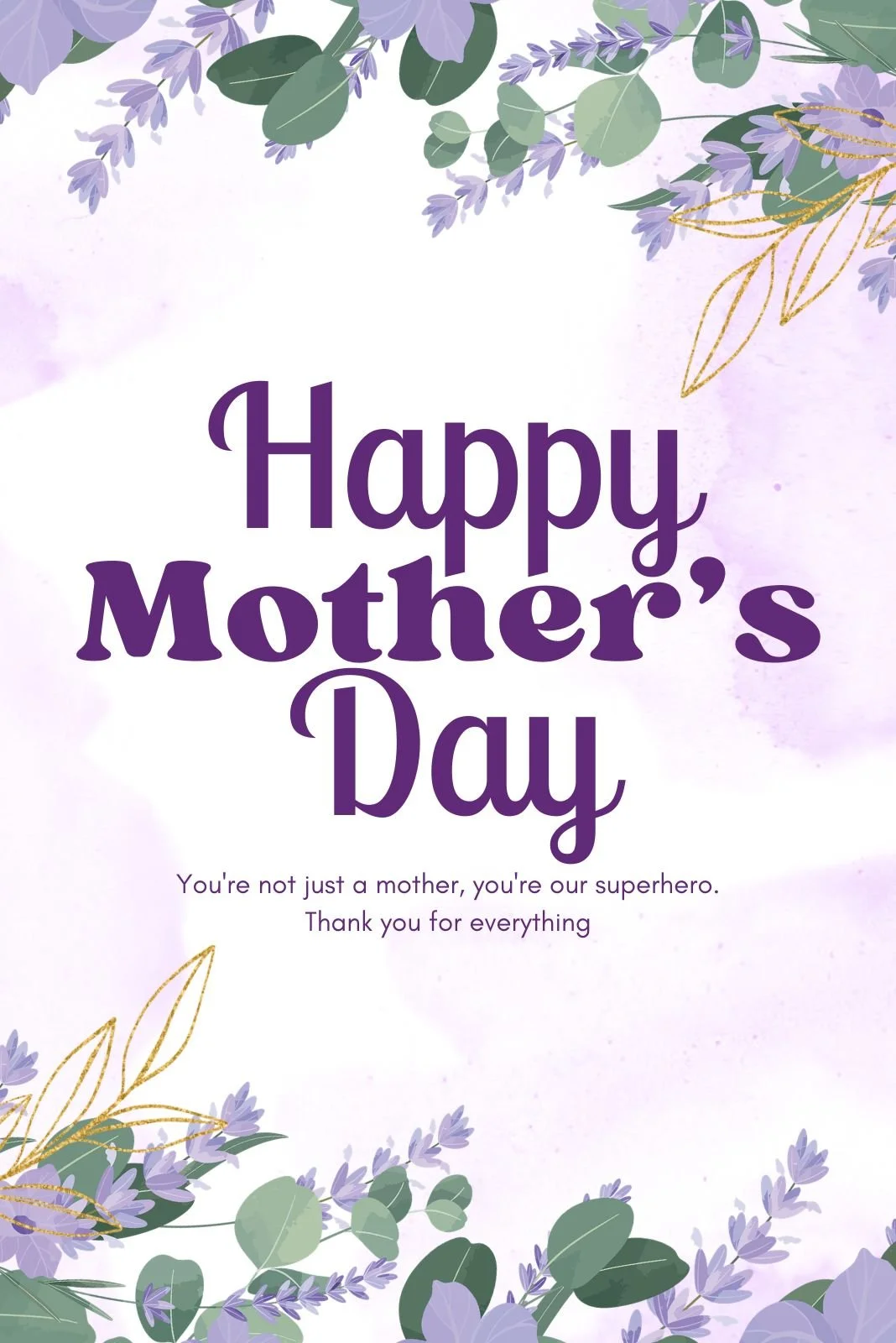 Mother's Day card with "Happy Mother's Day" text and purple floral border.