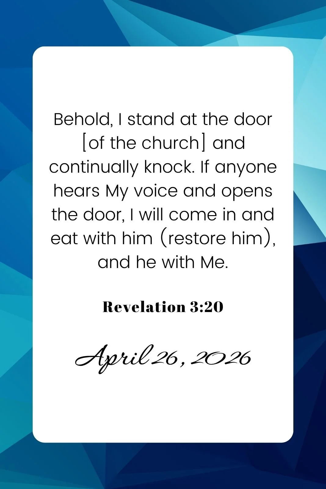 White card on a blue geometric background with a biblical verse and date.