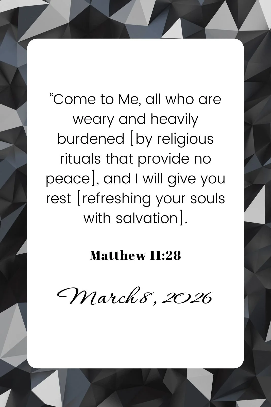 White card with a religious scripture on a black and gray geometric background.