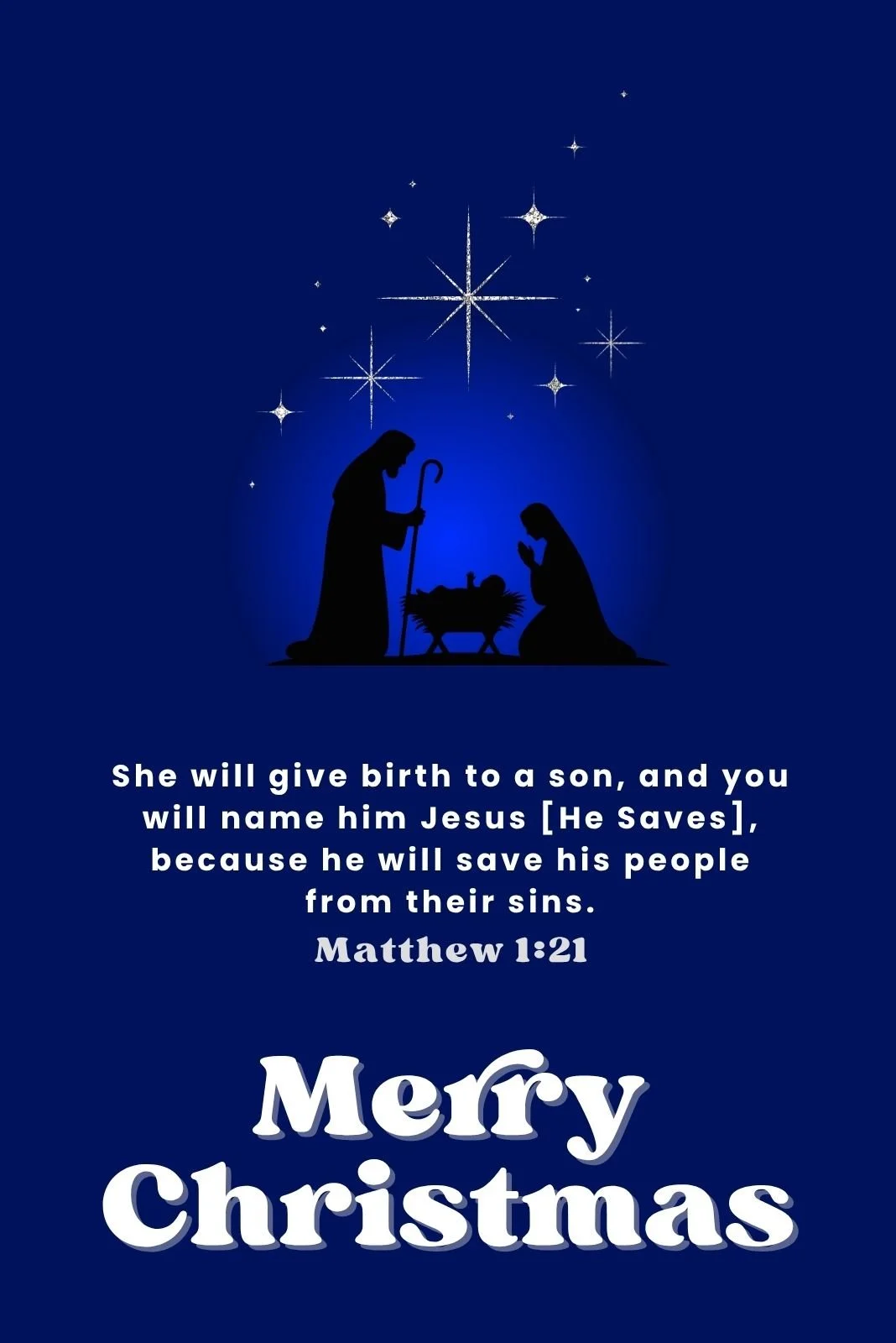 Nativity scene silhouette with stars on a blue background, accompanied by a Bible verse and "Merry Christmas" text.