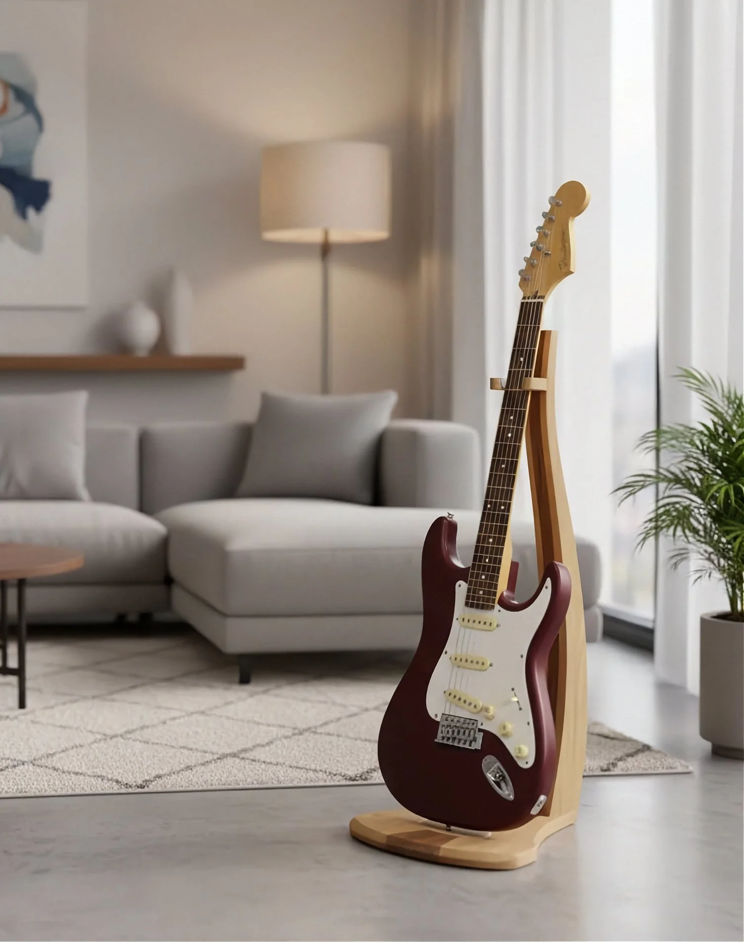An electric guitar resting on a wooden stand in a modern living room with a gray sofa, a white lamp, a potted plant, and large windows with white curtains.