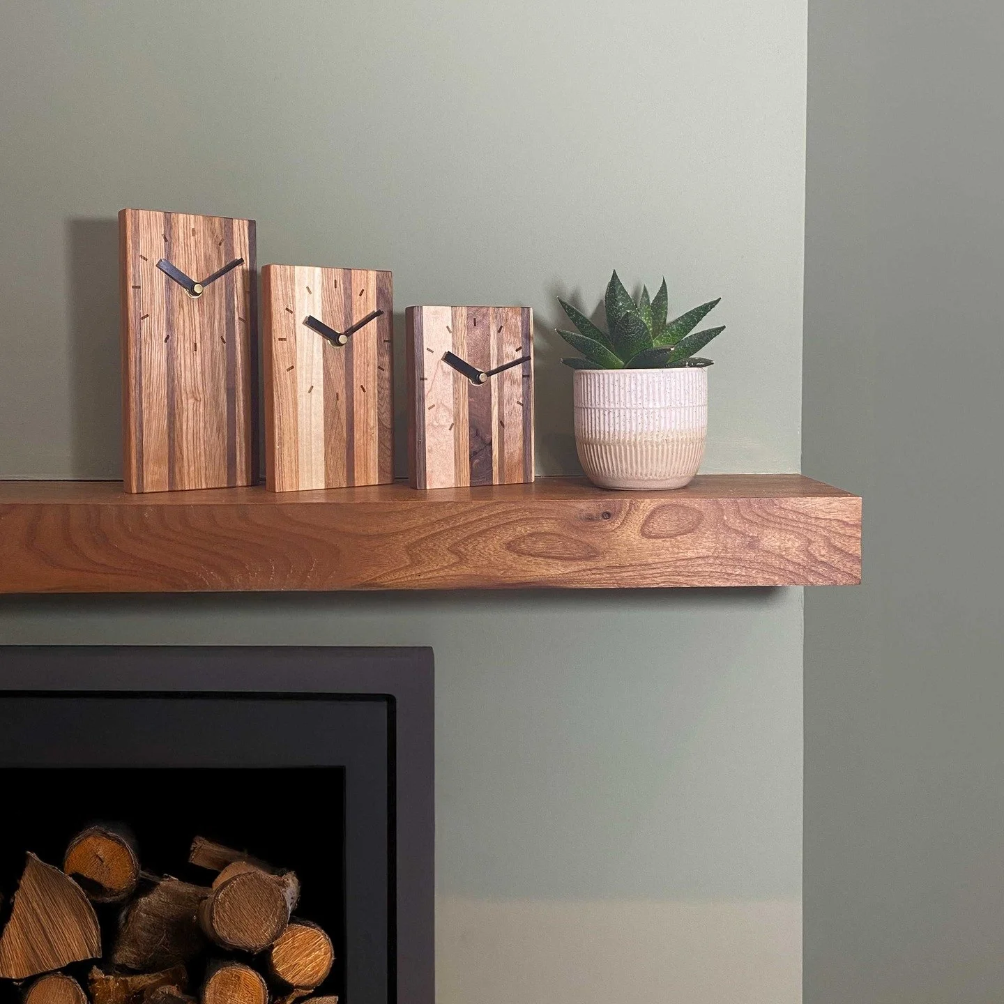 https://www.pintailstudio.com/shop/p/striped-clock

A newly finished batch of our striped wooden mantel clocks. available on our website! 👆

Crafted from oak, walnut, ash, and cherry, each piece is made using offcuts from past commissions &mdash; di