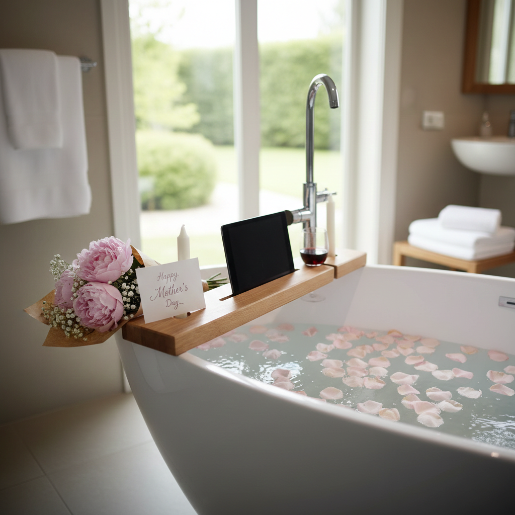 Oak Bath Caddy Tray with Tablet & Wine Holder – Personalised Wooden Bathtub Tray Gift