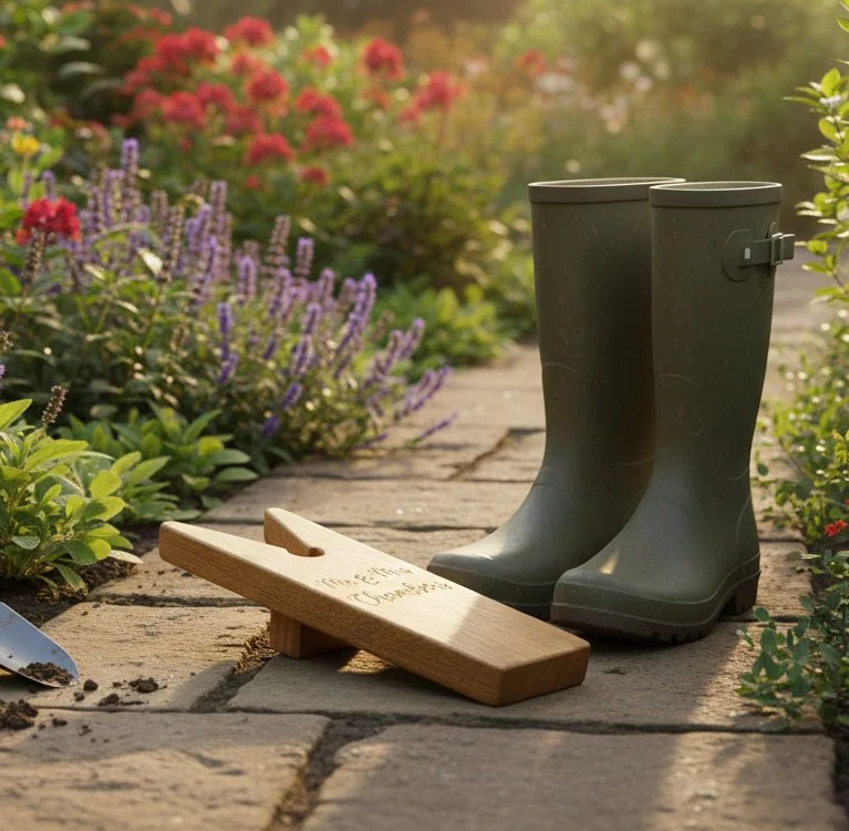 Rubber boots and a wooden garden tool on a stone pathway surrounded by blooming flowers.