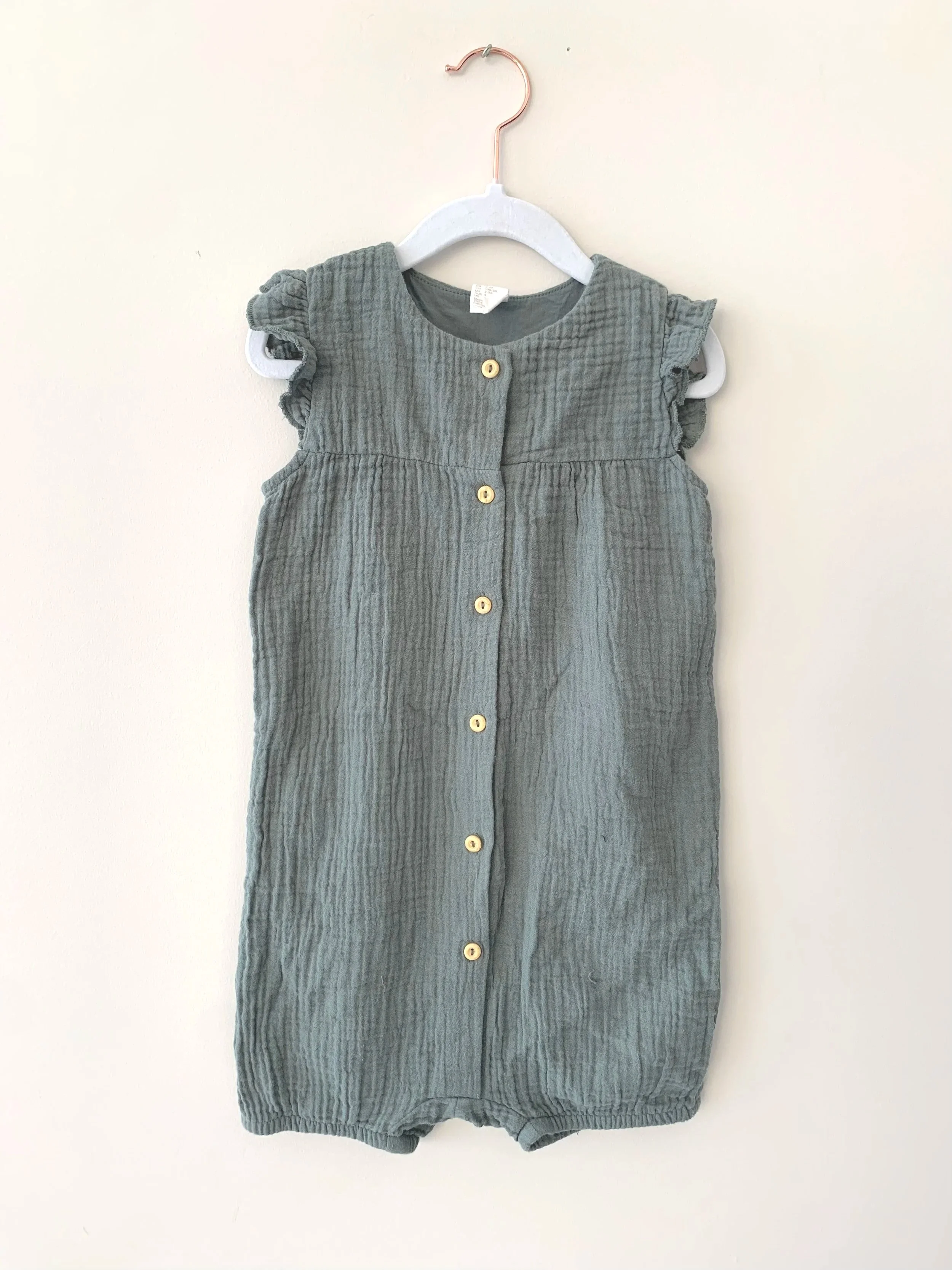 Linen Sleeveless Button Romper - Sage Green | Size: 2-3T