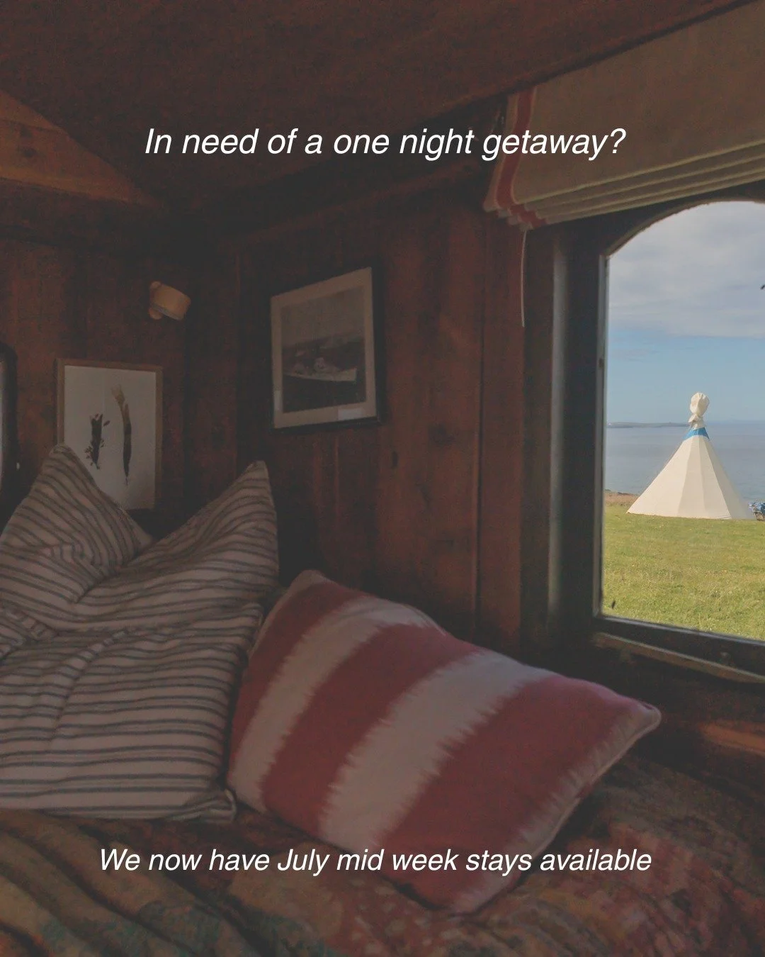 One night midweek stays are back for July only.

Tipis from &pound;100pn for two. Shepherds huts from &pound;125pn for two.

Off-grid camping above Bedruthan Steps. Sea views, fire pits, Sauna Del Sol, cosy beds and the sound of the sea.

Perfect for