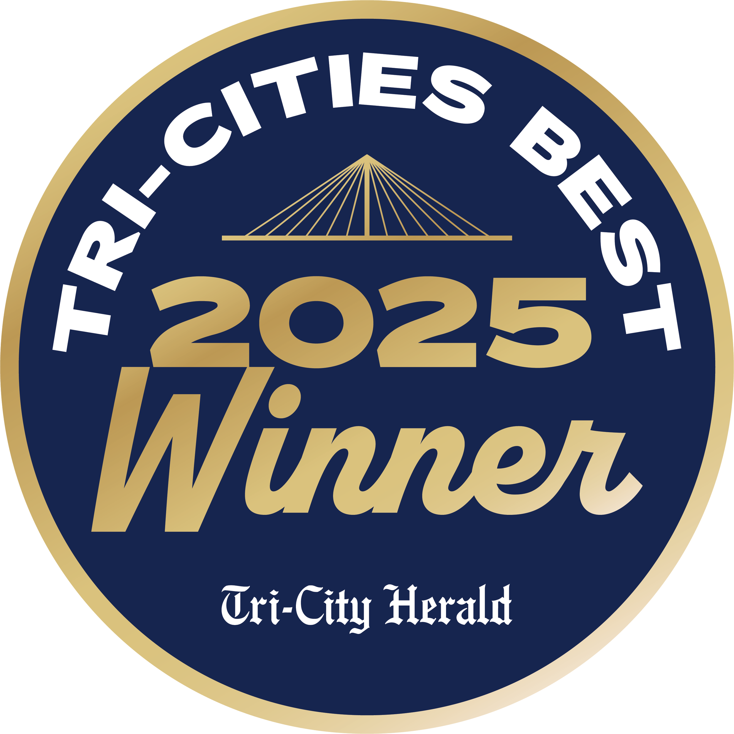 A circular badge with a gold border and navy background. The badge has the text 'TRI-CITIES BEST 2025 Winner' in white and gold, with a stylized bridge graphic above the text. At the bottom, it says 'Tri-City Herald' in white Gothic font.