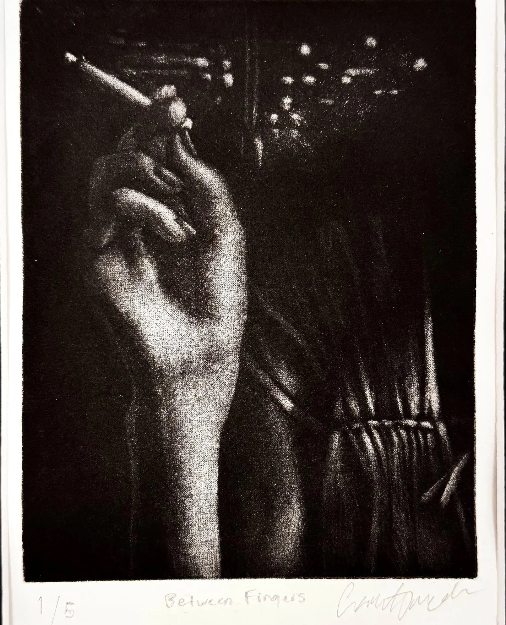 between fingers   mezzotint on paper   image size 5" x 4" edition 1/5 2025