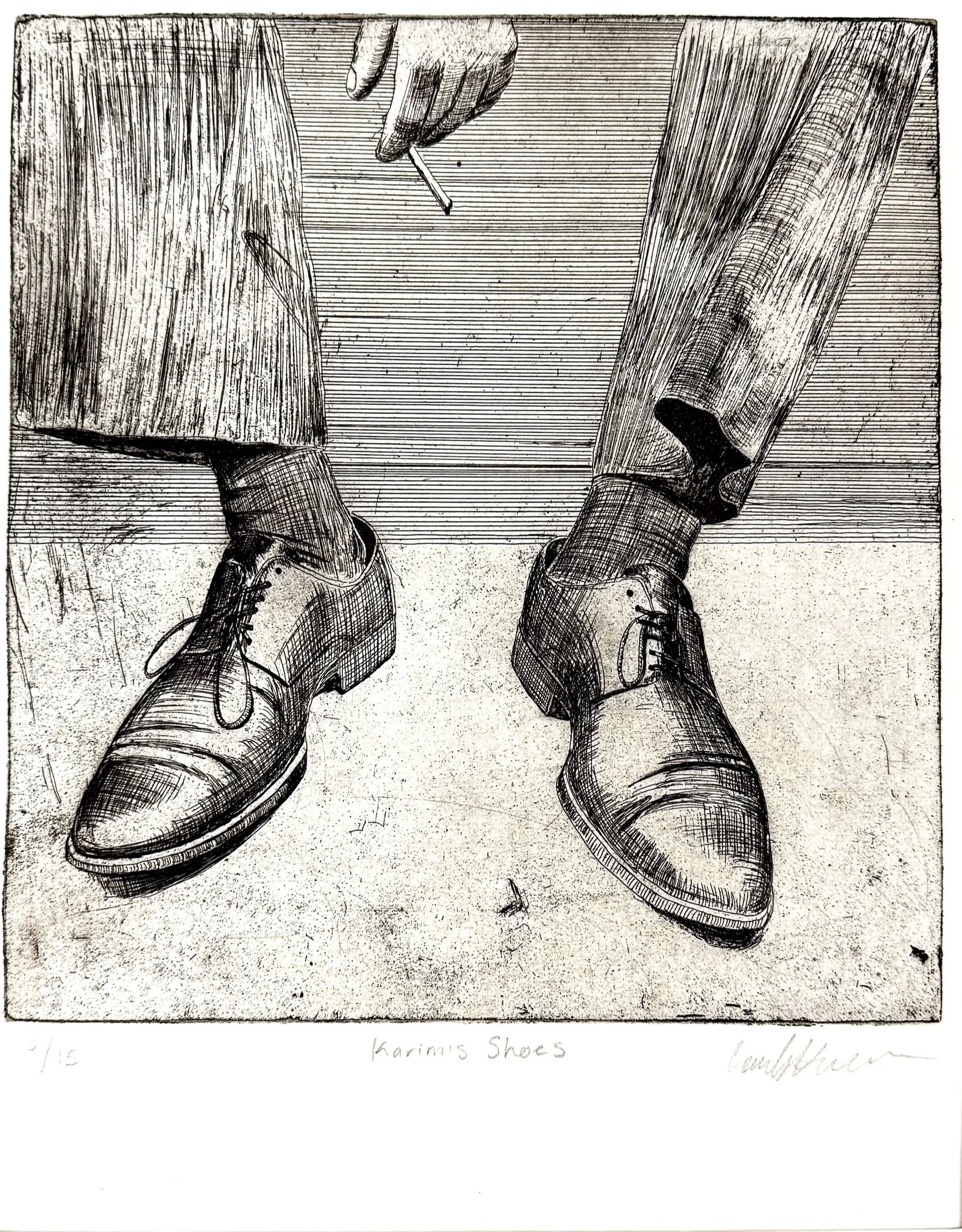 karim's shoes   hard ground etching on paper   image size 7" x 7" edition 1/15 2025