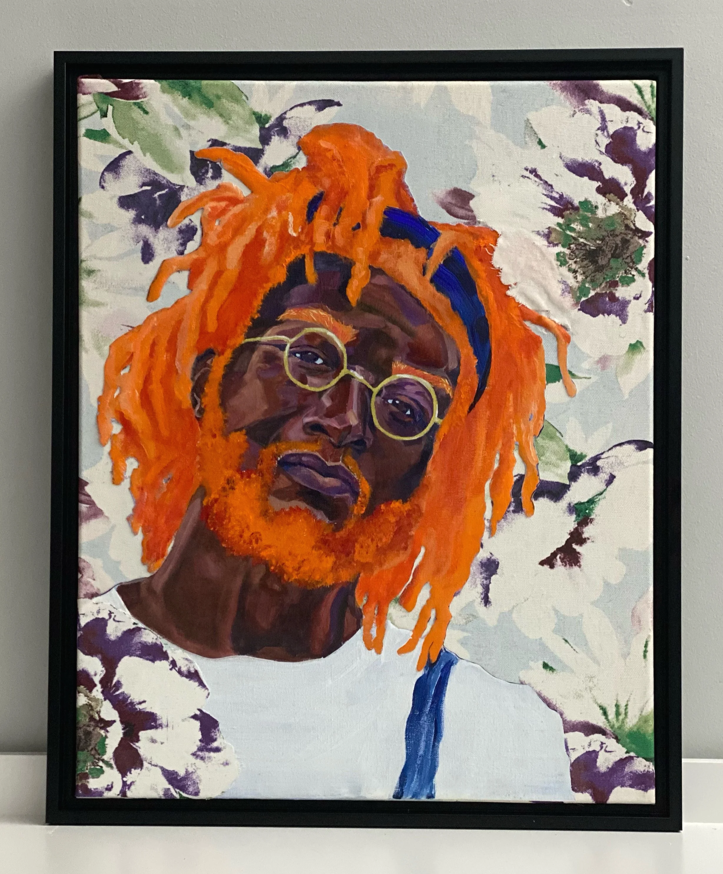 Orange is the New Vulnerable, 16"x20", Acrylic Collage on fabric, currently on display at Prism Spaces