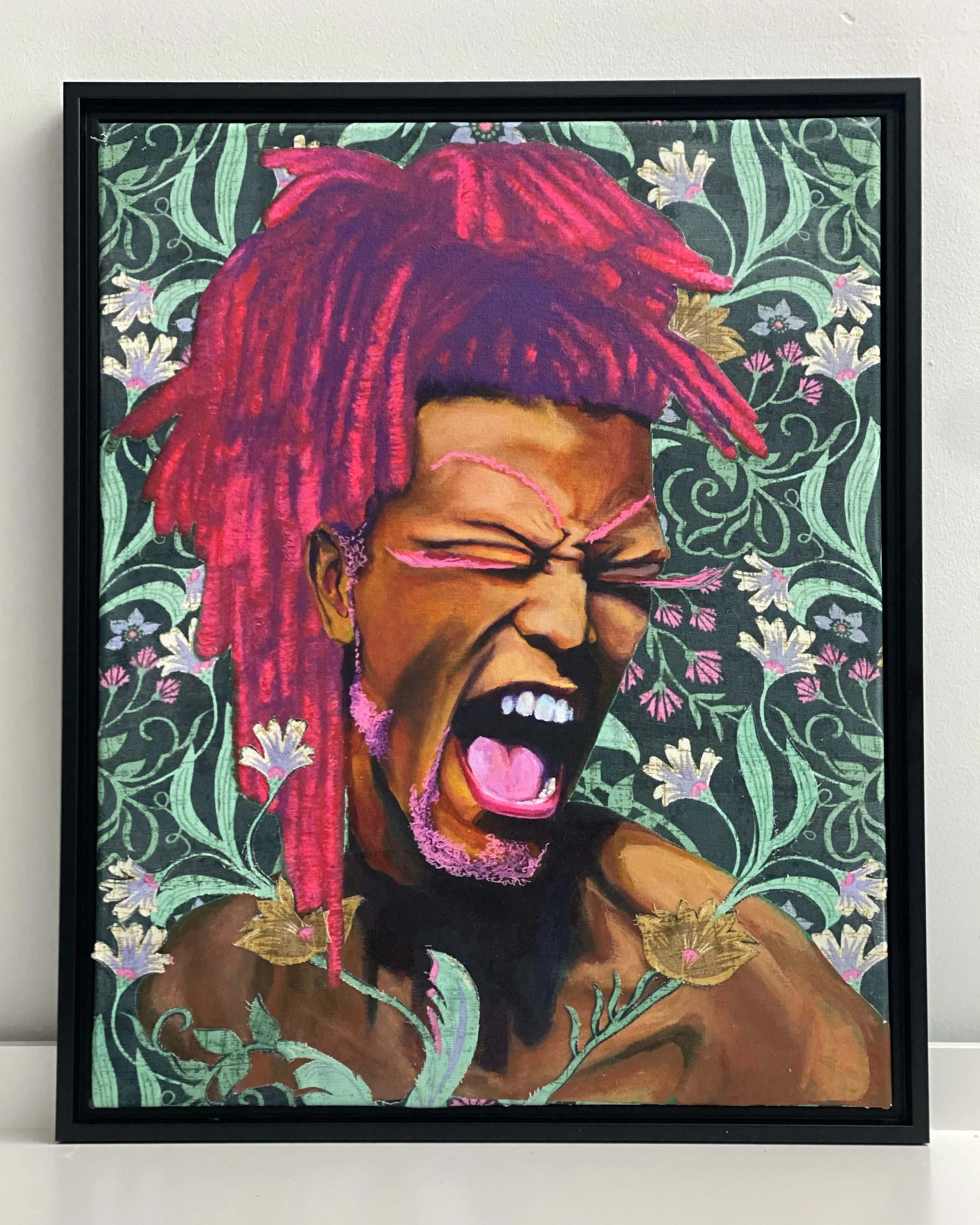 Ever-Relevant, 16"x20", Acrylic Collage on fabric, currently on display at Prism Spaces