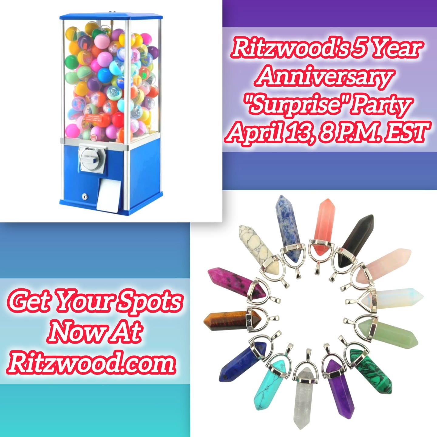 BE A PART OF RITZWOOD'S 5 YEAR ANNIVERSARY SUPRISE PARTY!!!

8 P.M. EST TONIGHT!!!

GET YOUR SPOTS NOW!!!

 https://www.ritzwood.com/catalog