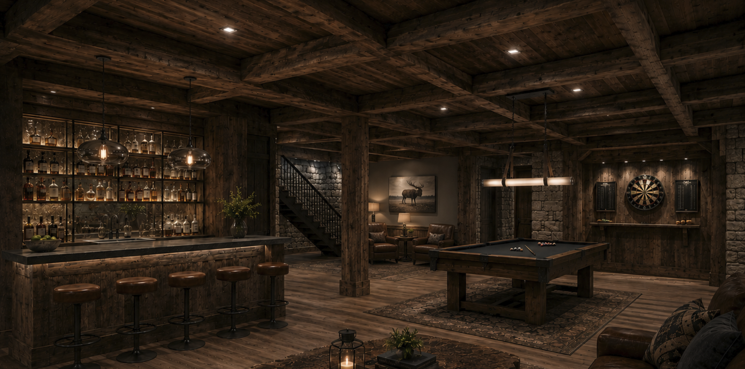 Luxury rustic mountain basement lounge in Montana featuring a custom whiskey bar, handcrafted millwork, billiards area, leather lounge seating, and timeless rustic modern interior design by Nū Interiors VT.