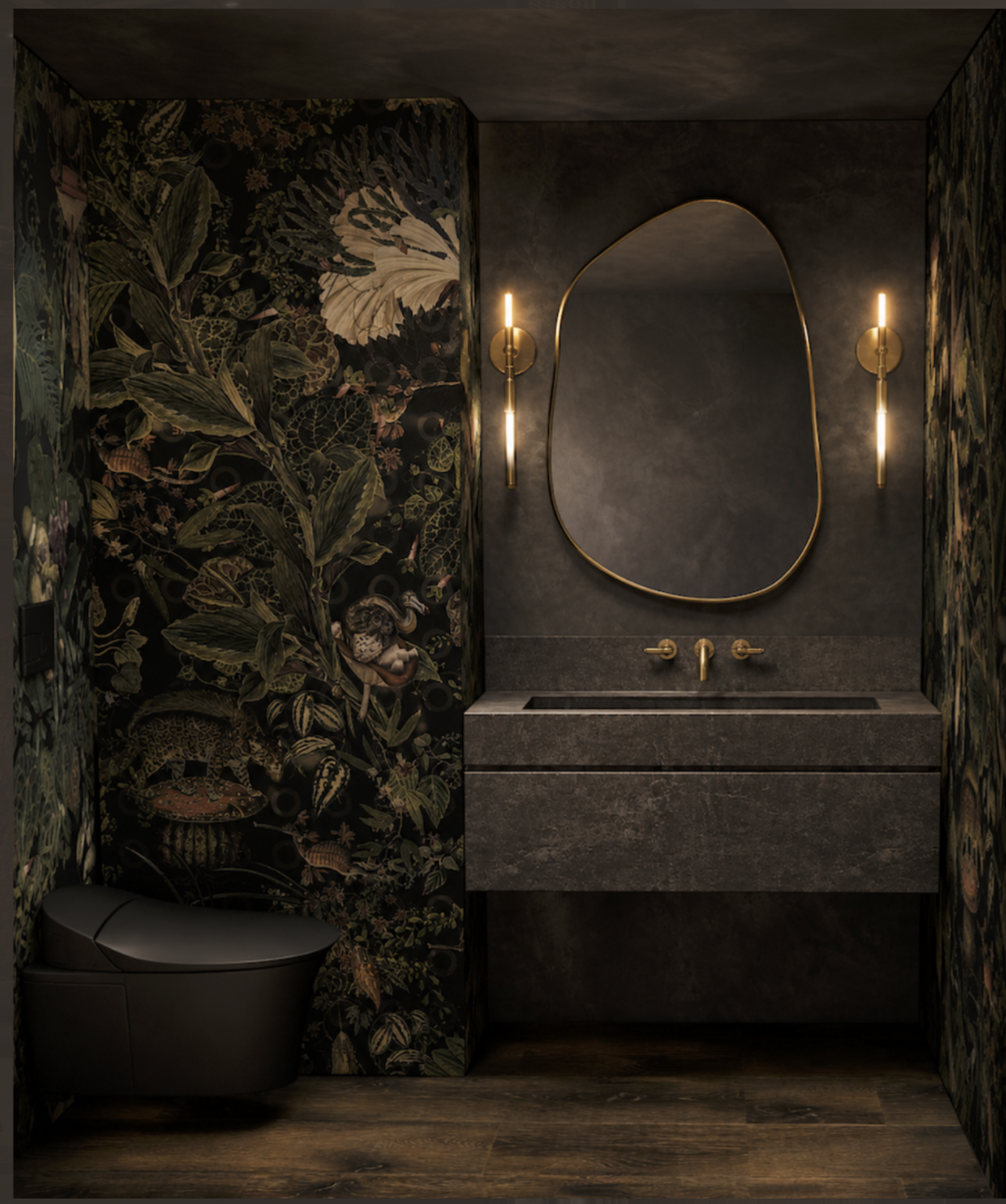 Moody luxury powder room featuring custom millwork, statement wallpaper, designer lighting, and mountain modern interior architecture by Nū Interiors VT.
