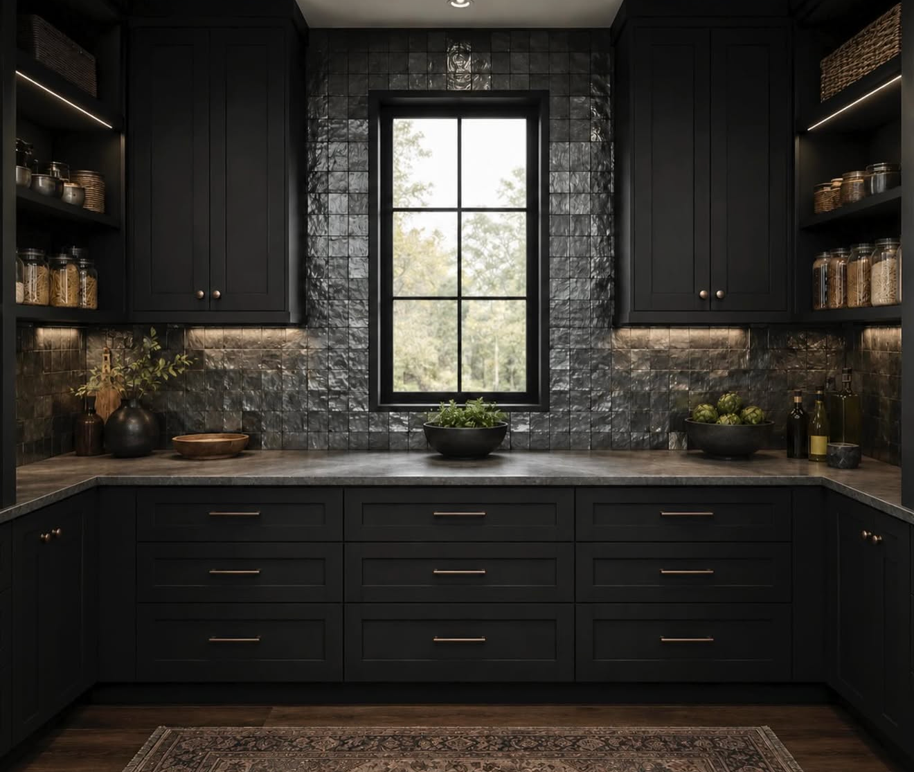 Mountain modern pantry in Stowe, Vermont, featuring custom black cabinetry, handcrafted millwork, natural stone, and timeless rustic modern interior architecture by Nū Interiors VT.