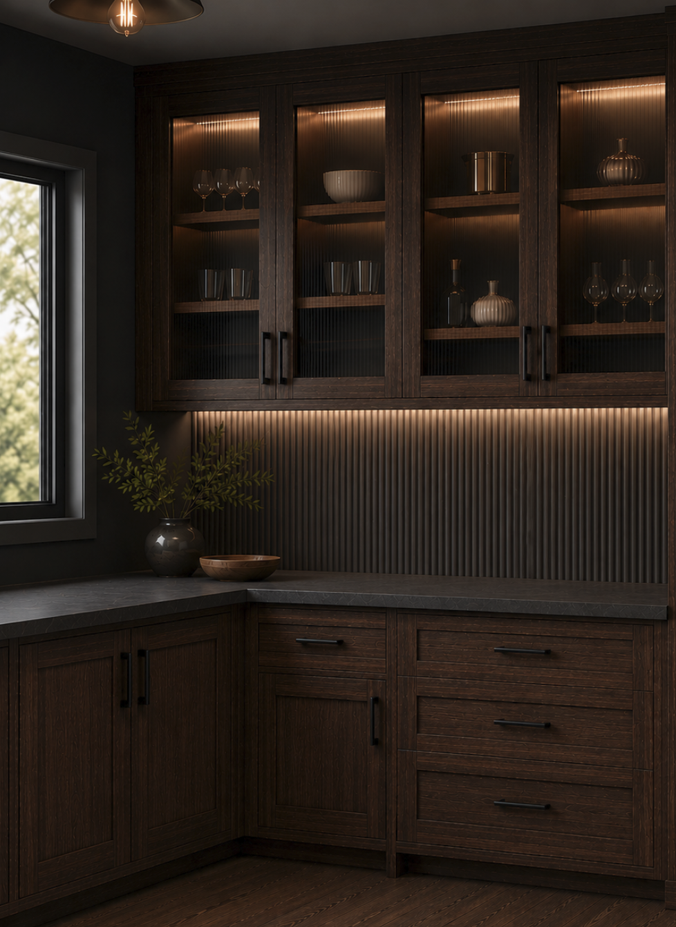 Custom pantry with handcrafted walnut cabinetry, reeded glass display storage, integrated lighting, and luxury mountain modern interior architecture by Nū Interiors VT in Stowe, Vermont.