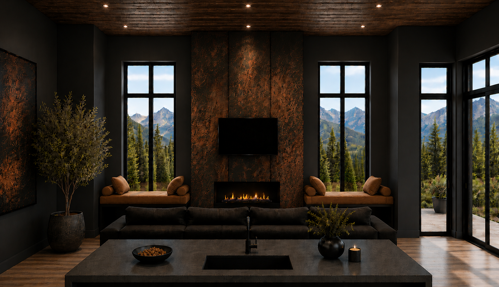 Luxury mountain modern living room featuring a custom fireplace, floor-to-ceiling windows, handcrafted millwork, natural materials, and panoramic mountain views of Stowe, Vermont, designed by Nū Interiors VT.